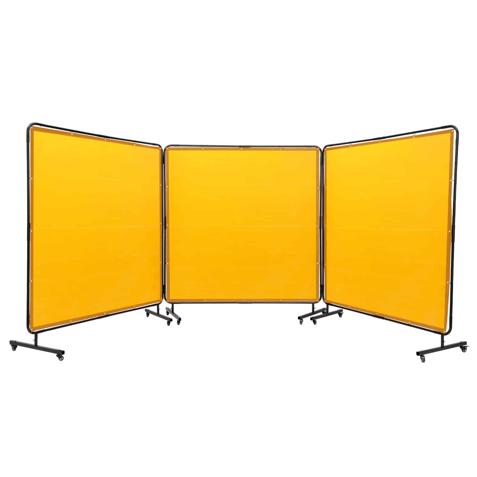 VEVOR 3-Panel Welding Screen with Frame, 1.8 x 1.8 m Flame-Resistant Yellow Vinyl Curtain on 12 Wheels (6 Lockable), UV Protection