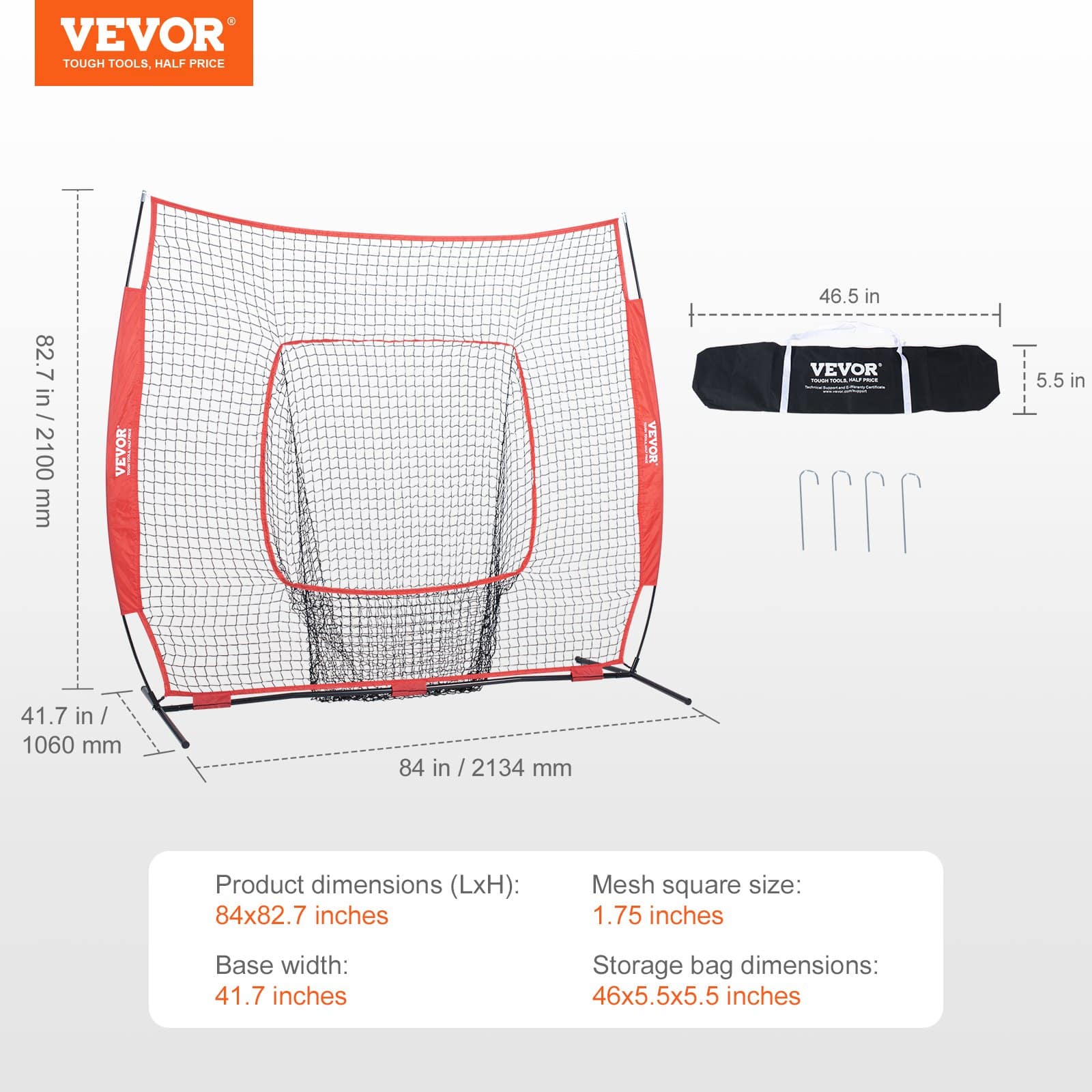 VEVOR 213x213 cm Baseball Softball Practice Net with Strike Zone, Portable Training Aid with Bag & Stakes - Зображення 7