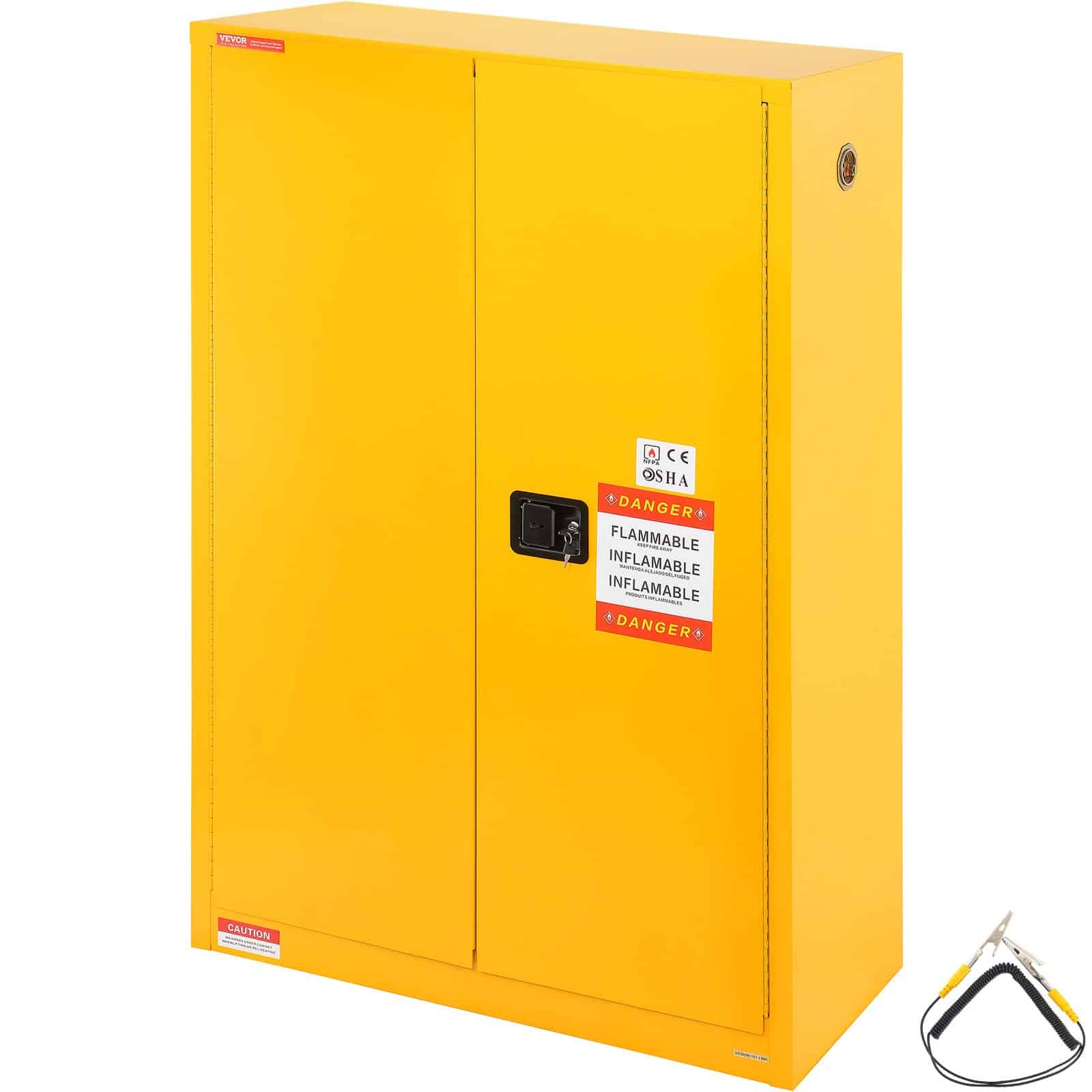 VEVOR 170,3L Kollane Tuleohtlike Vedelike Kapp, Terasest, Plahvatuskindel, 109x46x165,6cm, 2 Riiulit, 2 Uksega, Tööstuslikuks Kasutamiseks