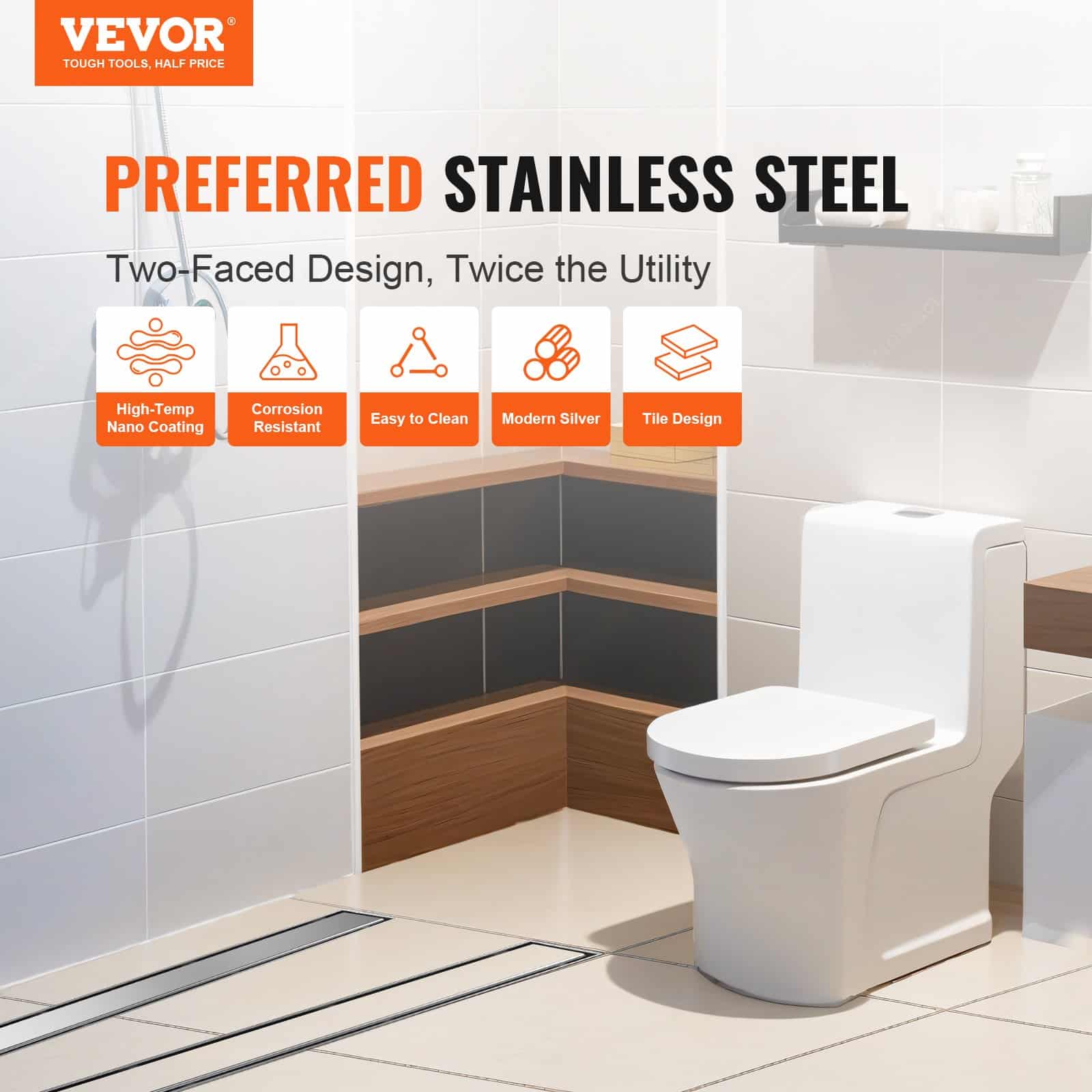 VEVOR 610mm Linear Shower Drain with Tile Insert, Brushed 304 Stainless Steel, Hair Filter, Leveling Feet, Silver - Зображення 2