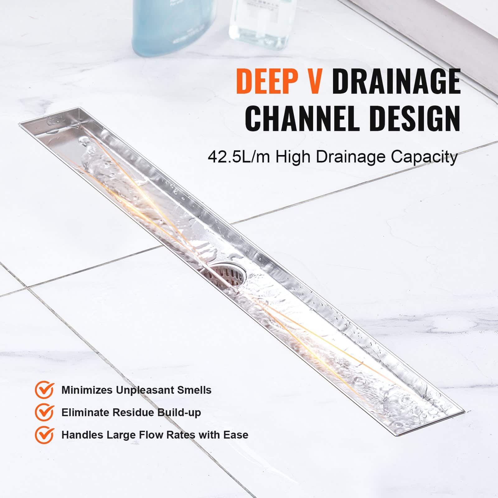 VEVOR 610mm Linear Shower Drain with Tile Insert, Brushed 304 Stainless Steel, Hair Filter, Leveling Feet, Silver - Зображення 3