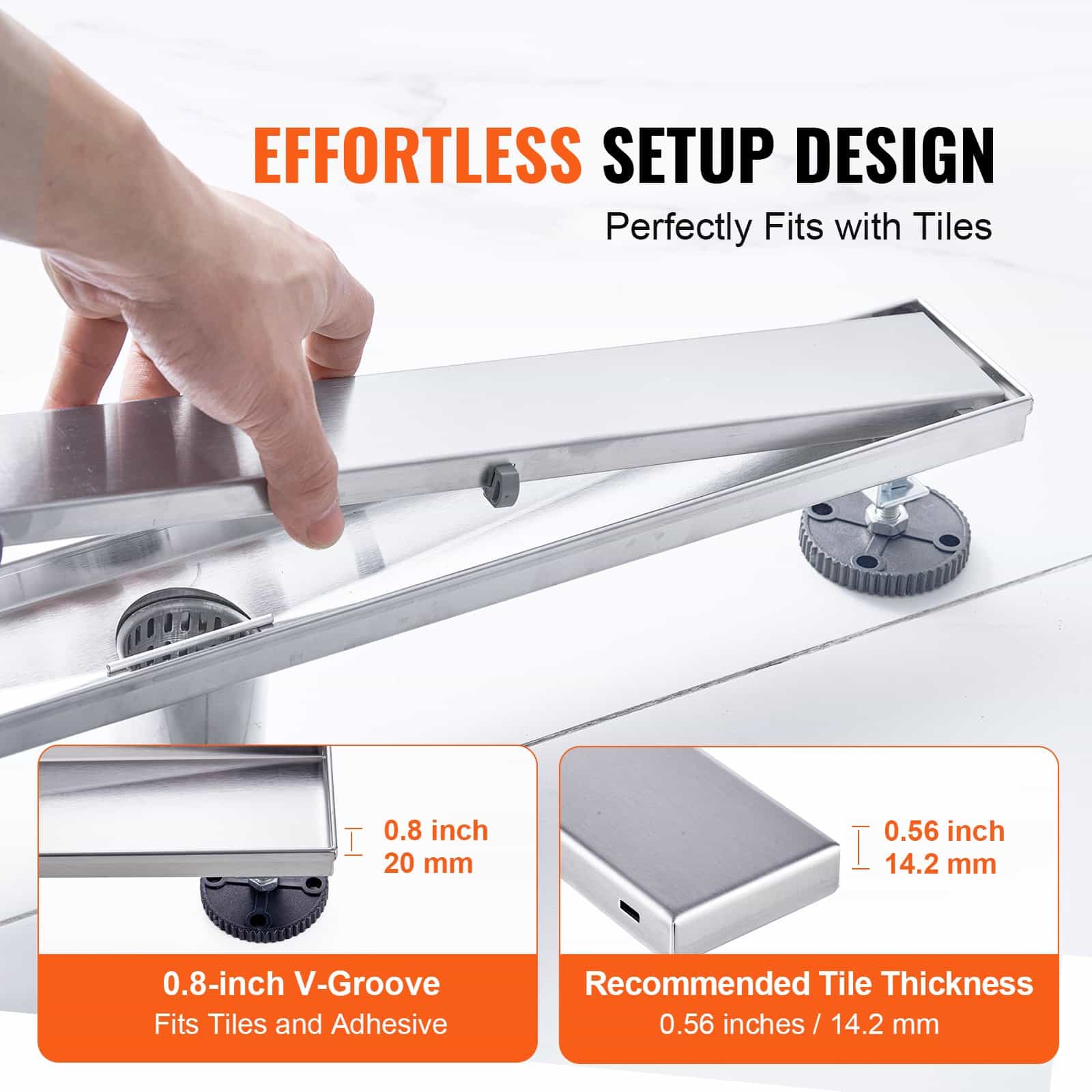 VEVOR 610mm Linear Shower Drain with Tile Insert, Brushed 304 Stainless Steel, Hair Filter, Leveling Feet, Silver - Зображення 5