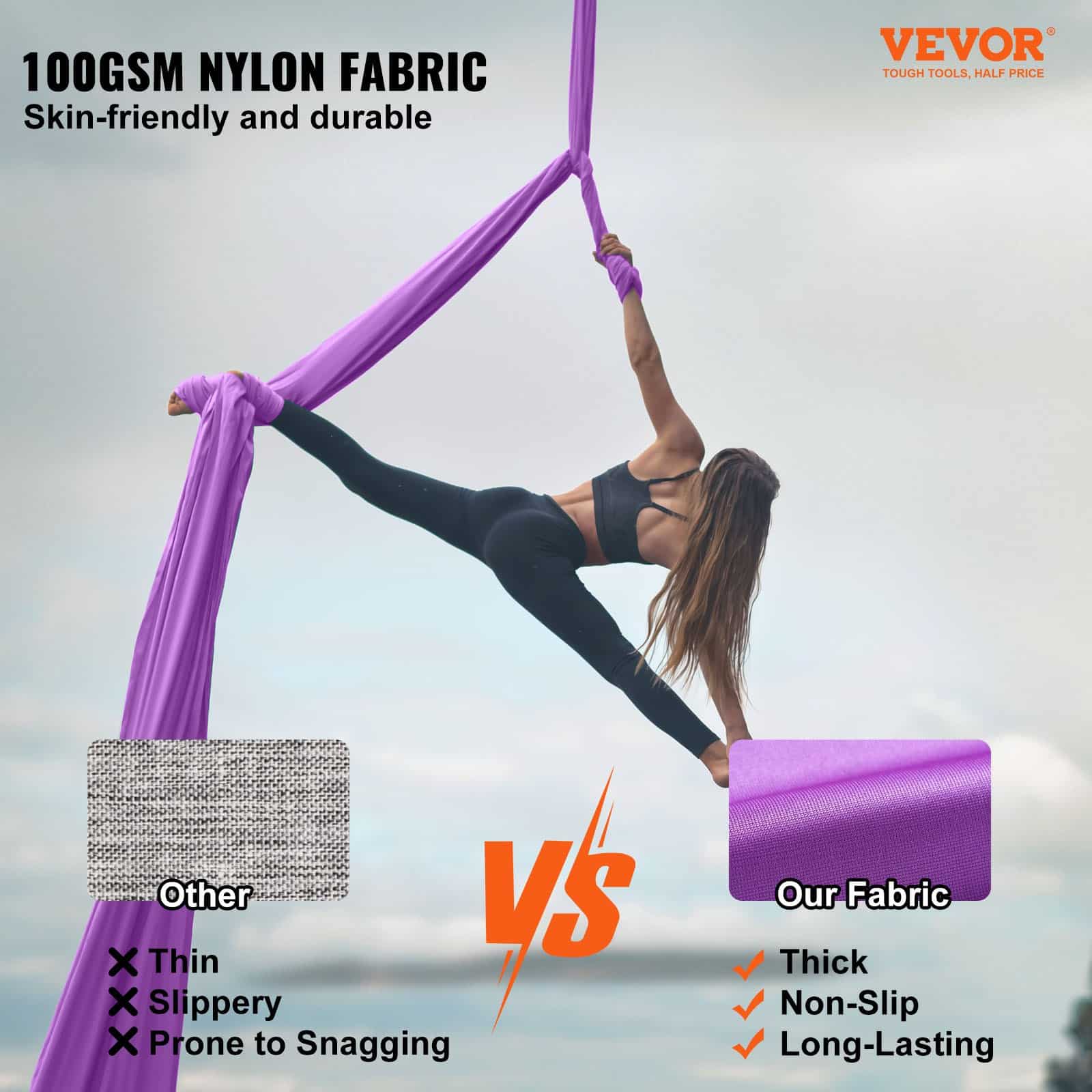 VEVOR Aerial Yoga Swing & Hammock Kit, 8 m Nylon Fabric, 1000 kg Load, Full Rigging, for All Levels, Purple - Зображення 2