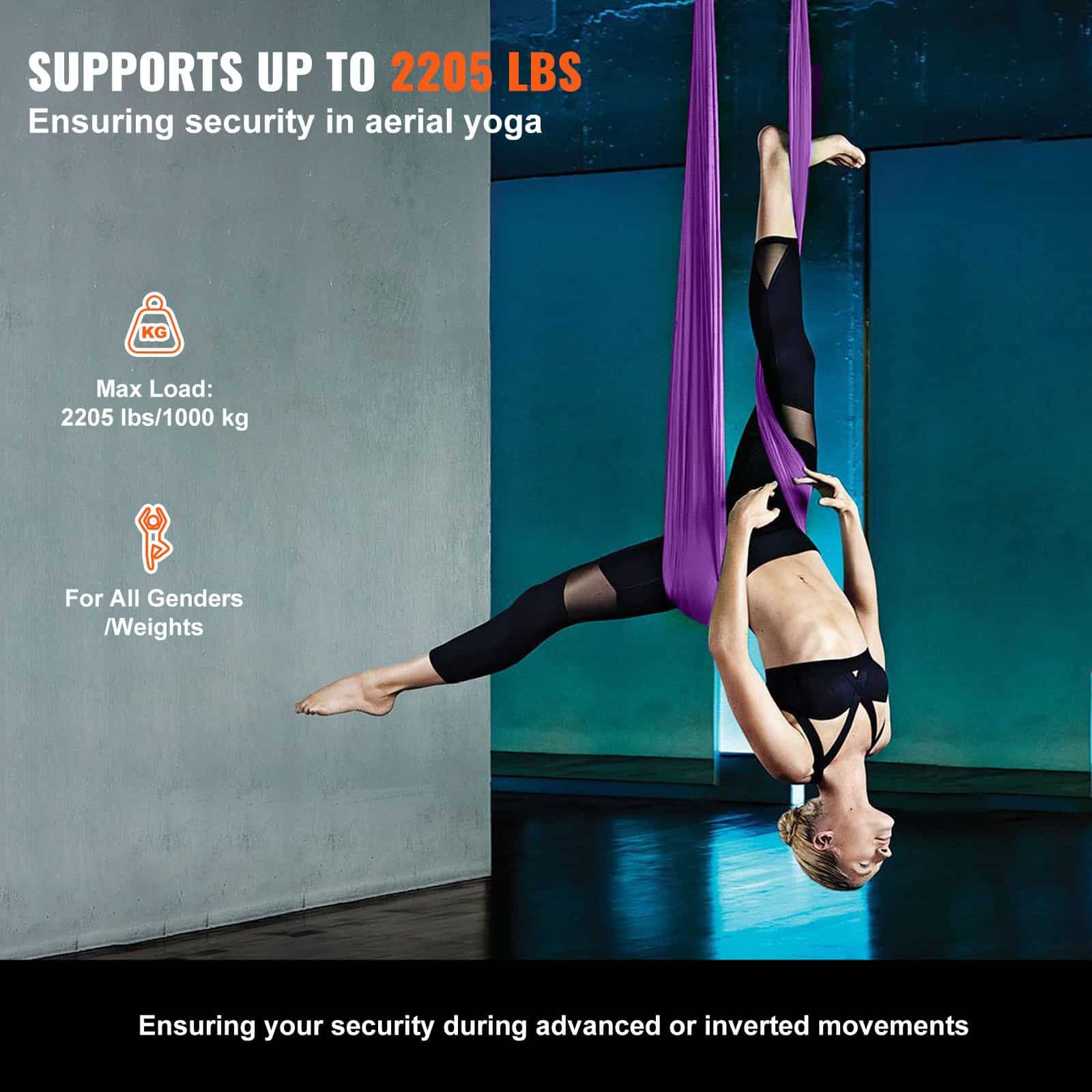 VEVOR Aerial Yoga Swing & Hammock Kit, 8 m Nylon Fabric, 1000 kg Load, Full Rigging, for All Levels, Purple - Зображення 3