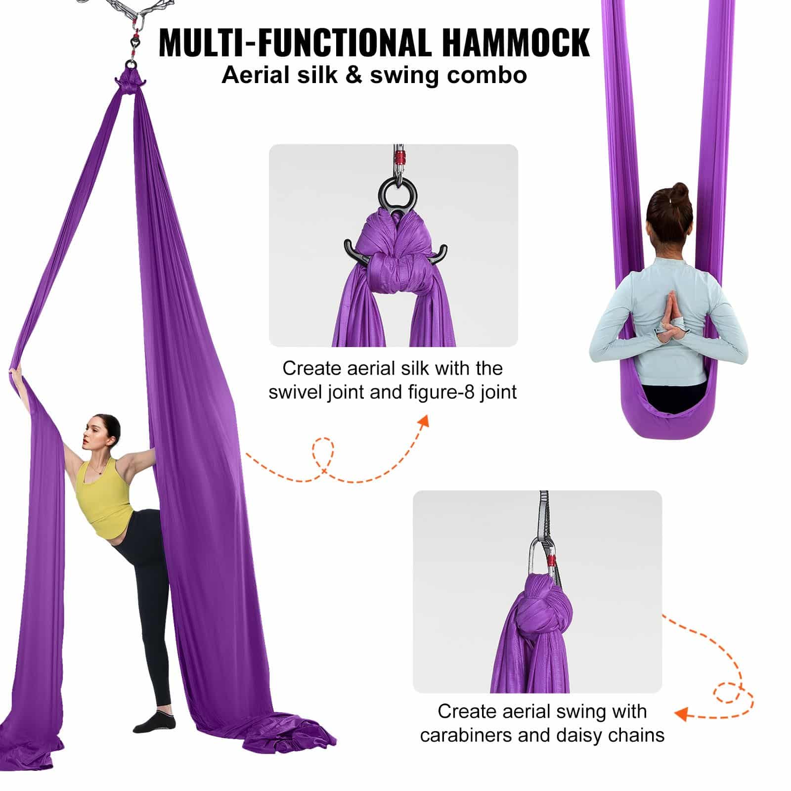VEVOR Aerial Yoga Swing & Hammock Kit, 8 m Nylon Fabric, 1000 kg Load, Full Rigging, for All Levels, Purple - Зображення 5