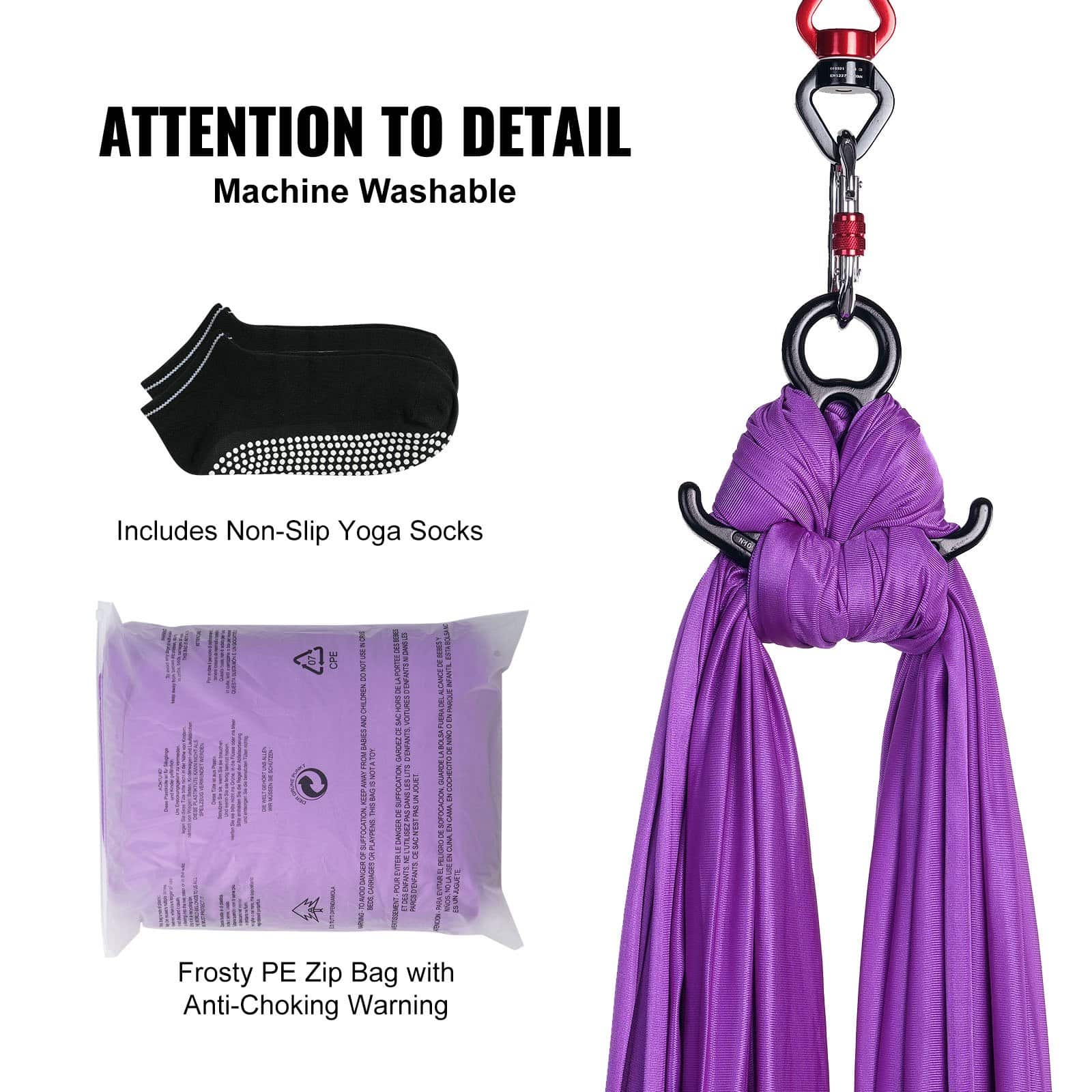 VEVOR Aerial Yoga Swing & Hammock Kit, 8 m Nylon Fabric, 1000 kg Load, Full Rigging, for All Levels, Purple - Зображення 6