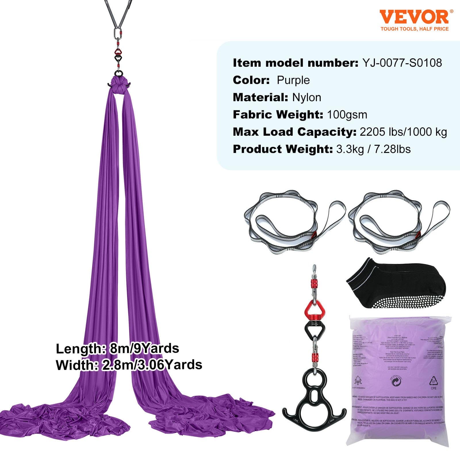 VEVOR Aerial Yoga Swing & Hammock Kit, 8 m Nylon Fabric, 1000 kg Load, Full Rigging, for All Levels, Purple - Зображення 7