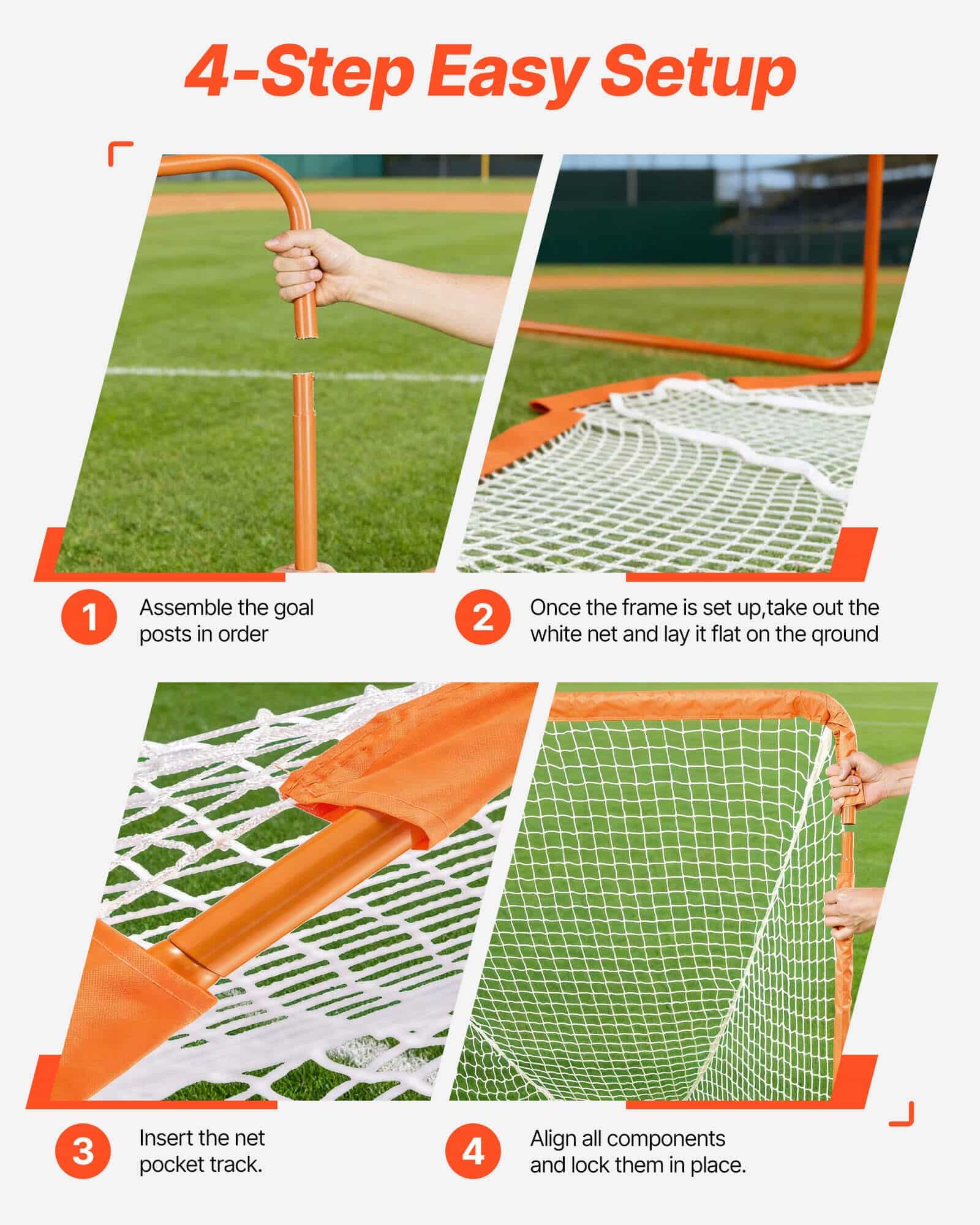 VEVOR 122x122 cm Kids Lacrosse Goal with Carry Bag, Portable Folding Iron Frame, Easy Setup, Backyard Training Net, Orange - Pilt 6