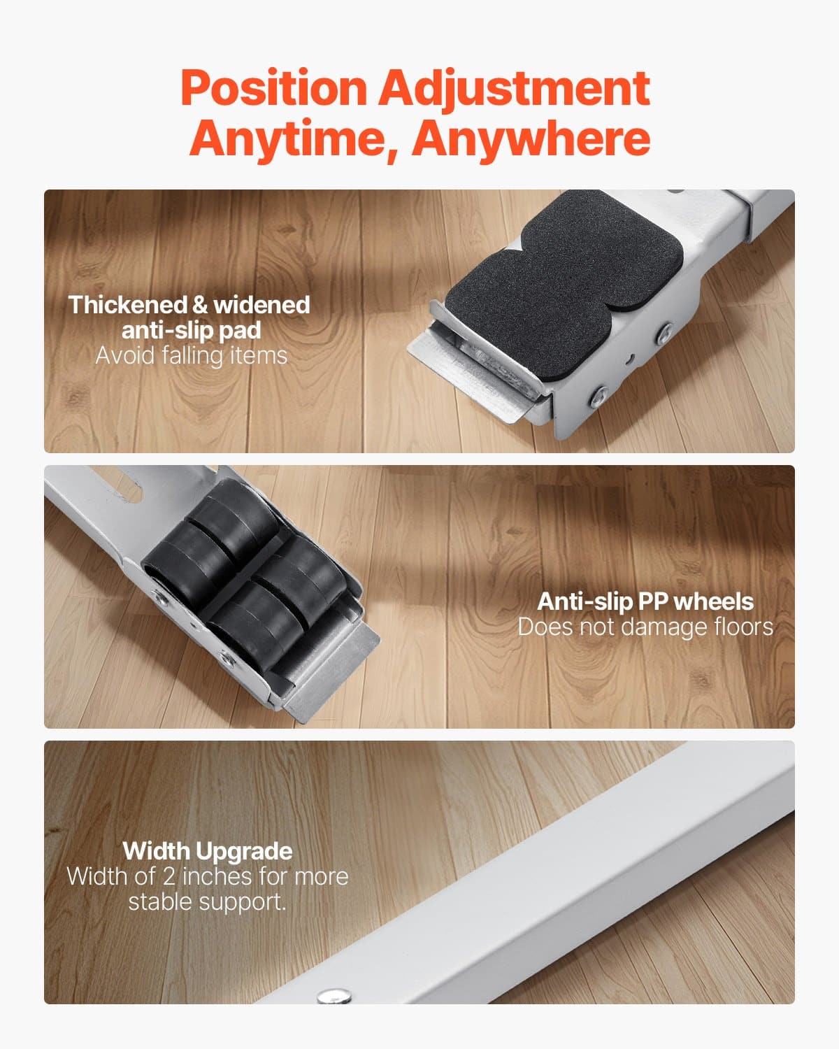 VEVOR Adjustable Appliance Roller Dolly, 299 kg Load, Extendable 44.5–70 cm, Fridge/Washing Machine Stand with Wheels, White – Paveikslėlis 4