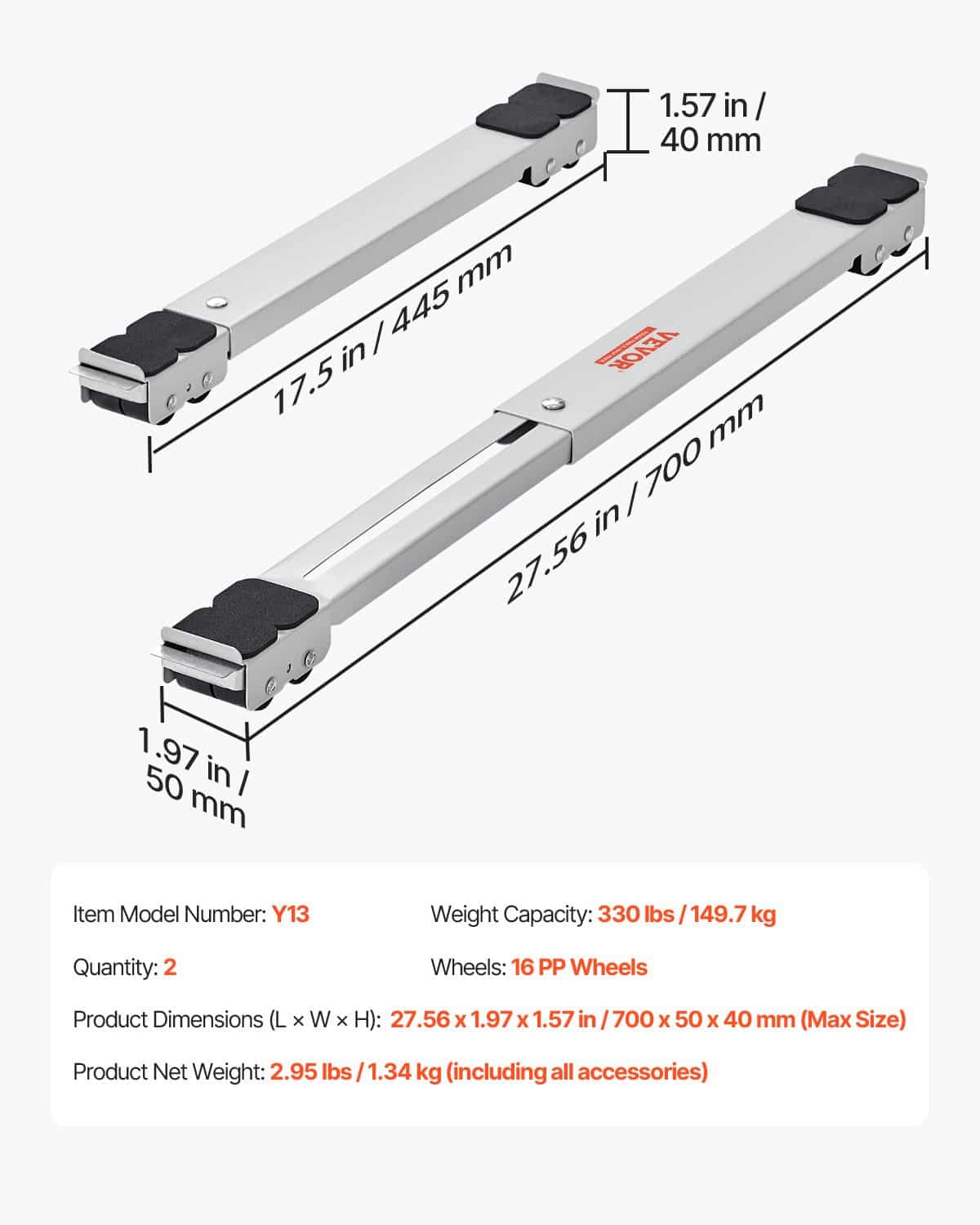 VEVOR Adjustable Appliance Roller Dolly, 299 kg Load, Extendable 44.5–70 cm, Fridge/Washing Machine Stand with Wheels, White – Paveikslėlis 7