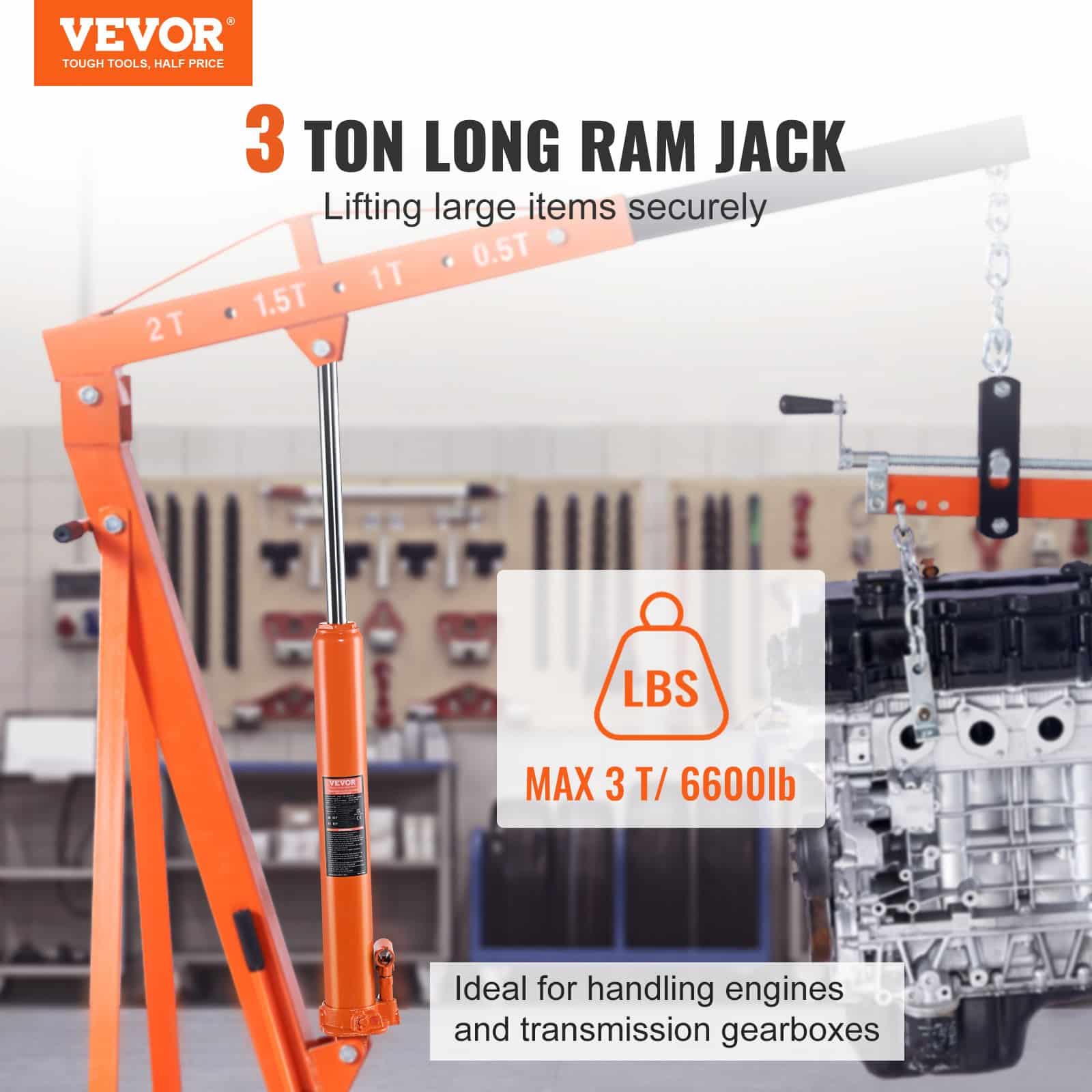 VEVOR 3-Ton Hydraulic Long Ram Jack with Single Piston Pump, Adjustable Height 665–1170 mm, Clevis Base for Engine Hoists — изображение 2