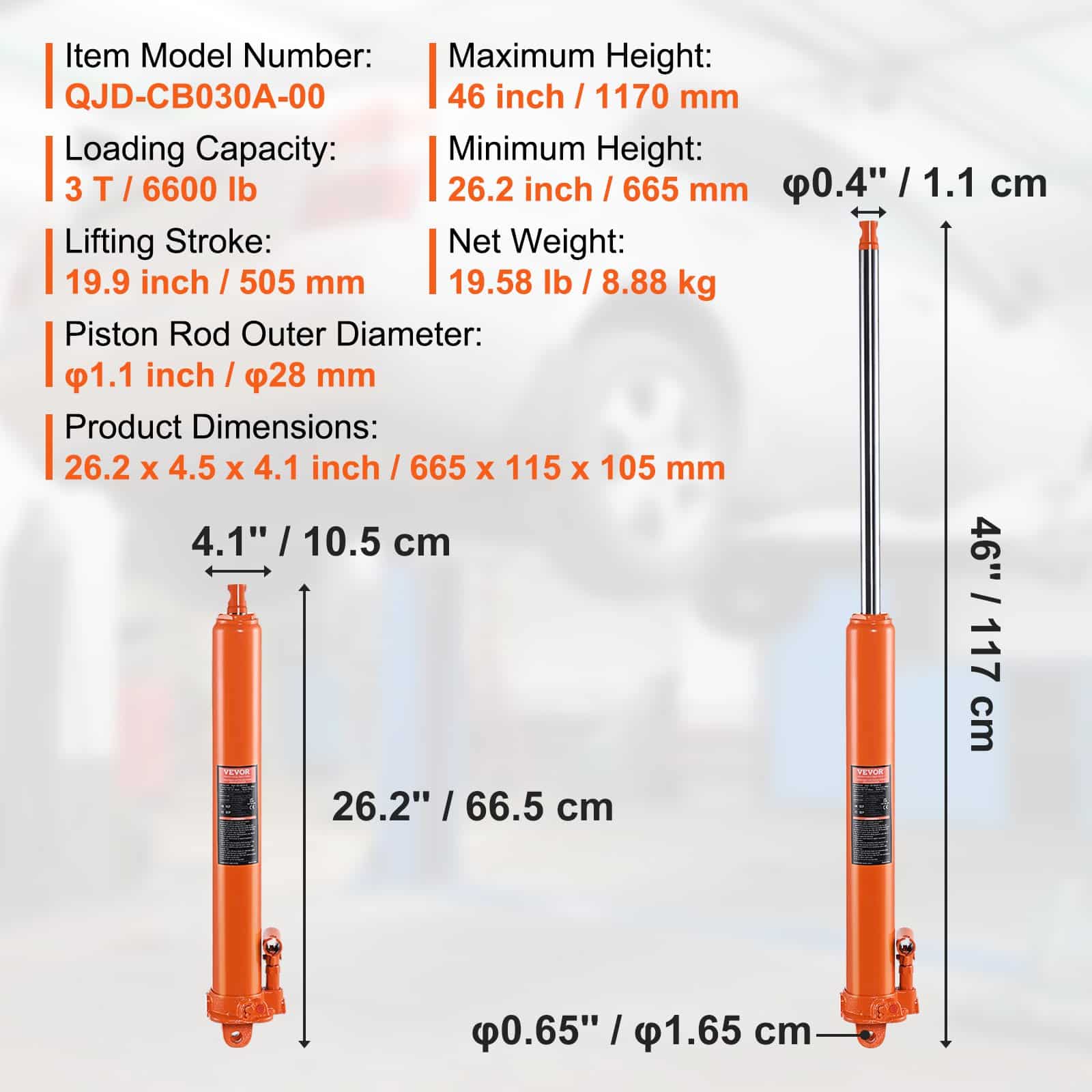 VEVOR 3-Ton Hydraulic Long Ram Jack with Single Piston Pump, Adjustable Height 665–1170 mm, Clevis Base for Engine Hoists — изображение 7