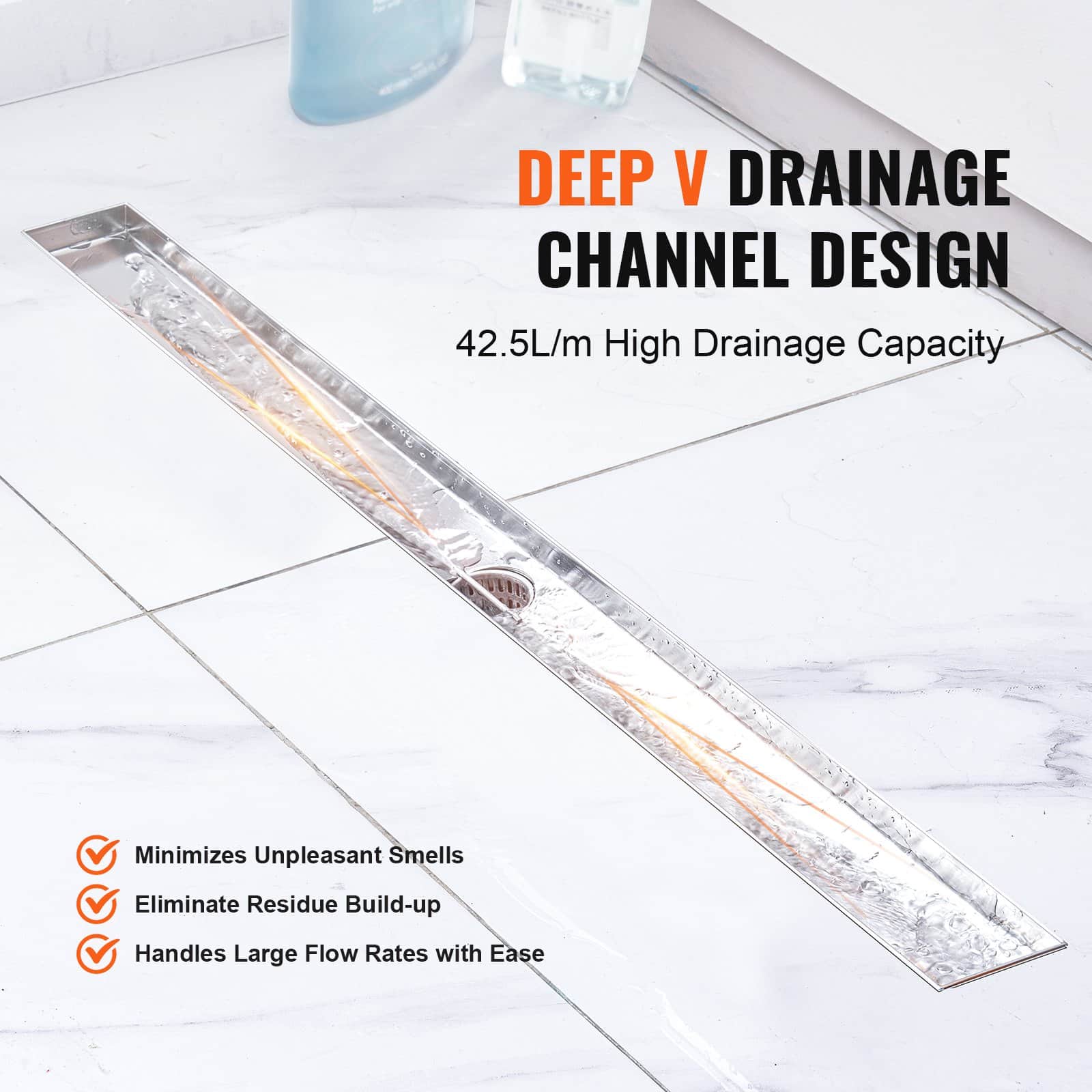 VEVOR 914mm Linear Shower Drain with Tile Insert, Brushed 304 Stainless Steel, Hair Strainer, Adjustable Feet, Silver - Зображення 3