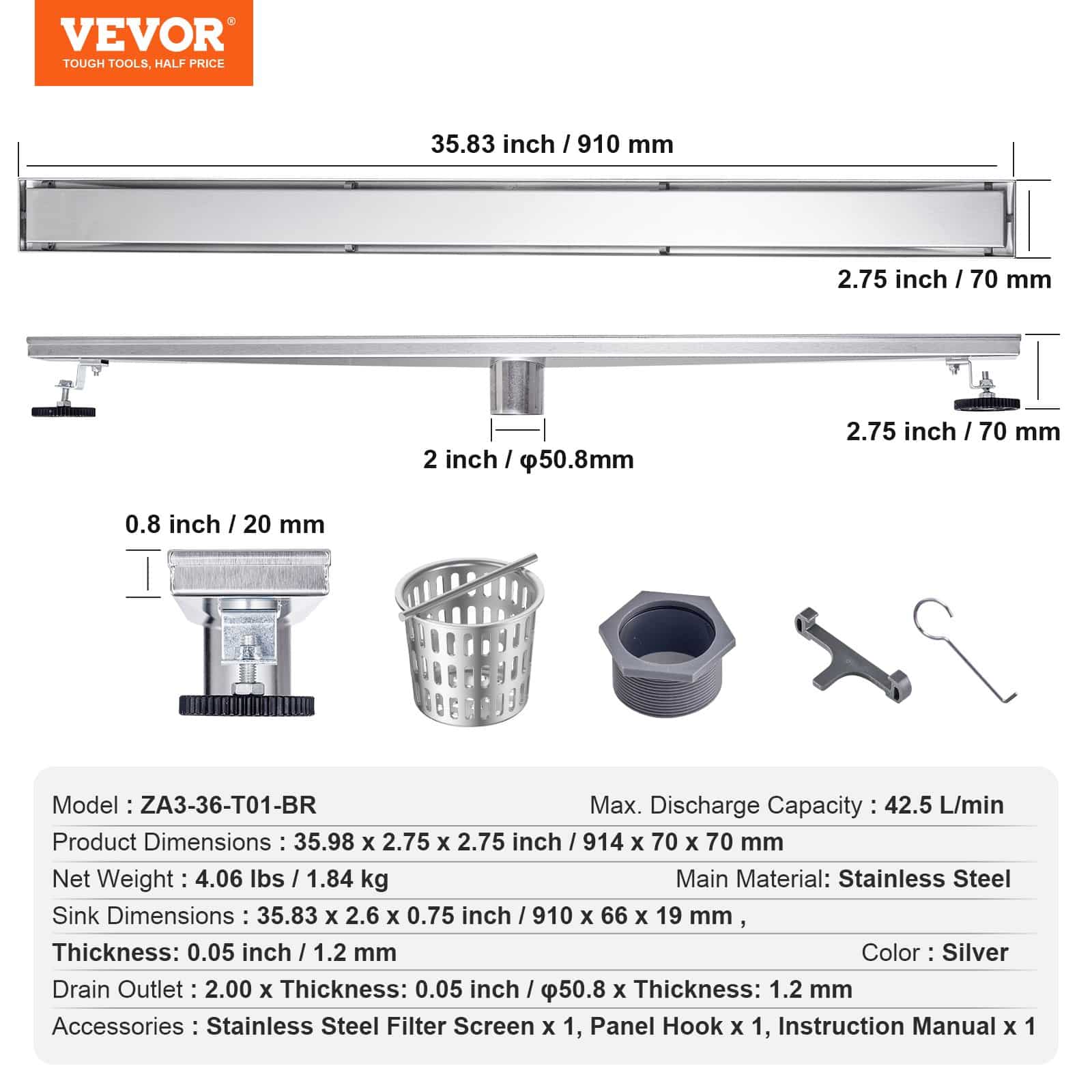 VEVOR 914mm Linear Shower Drain with Tile Insert, Brushed 304 Stainless Steel, Hair Strainer, Adjustable Feet, Silver - Зображення 7