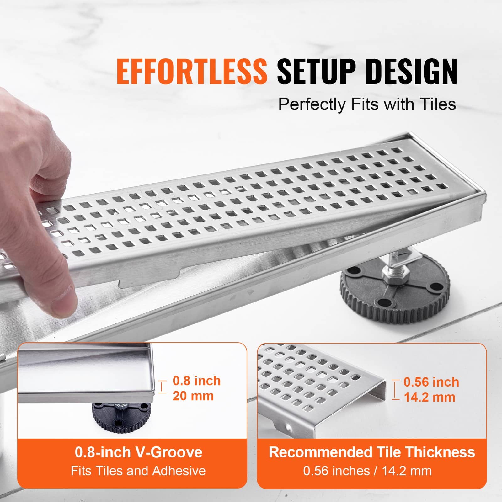 VEVOR 610mm Linear Shower Drain with Square Grate, Brushed 304 Stainless Steel, Hair Strainer & Leveling Feet, Silver - Зображення 5