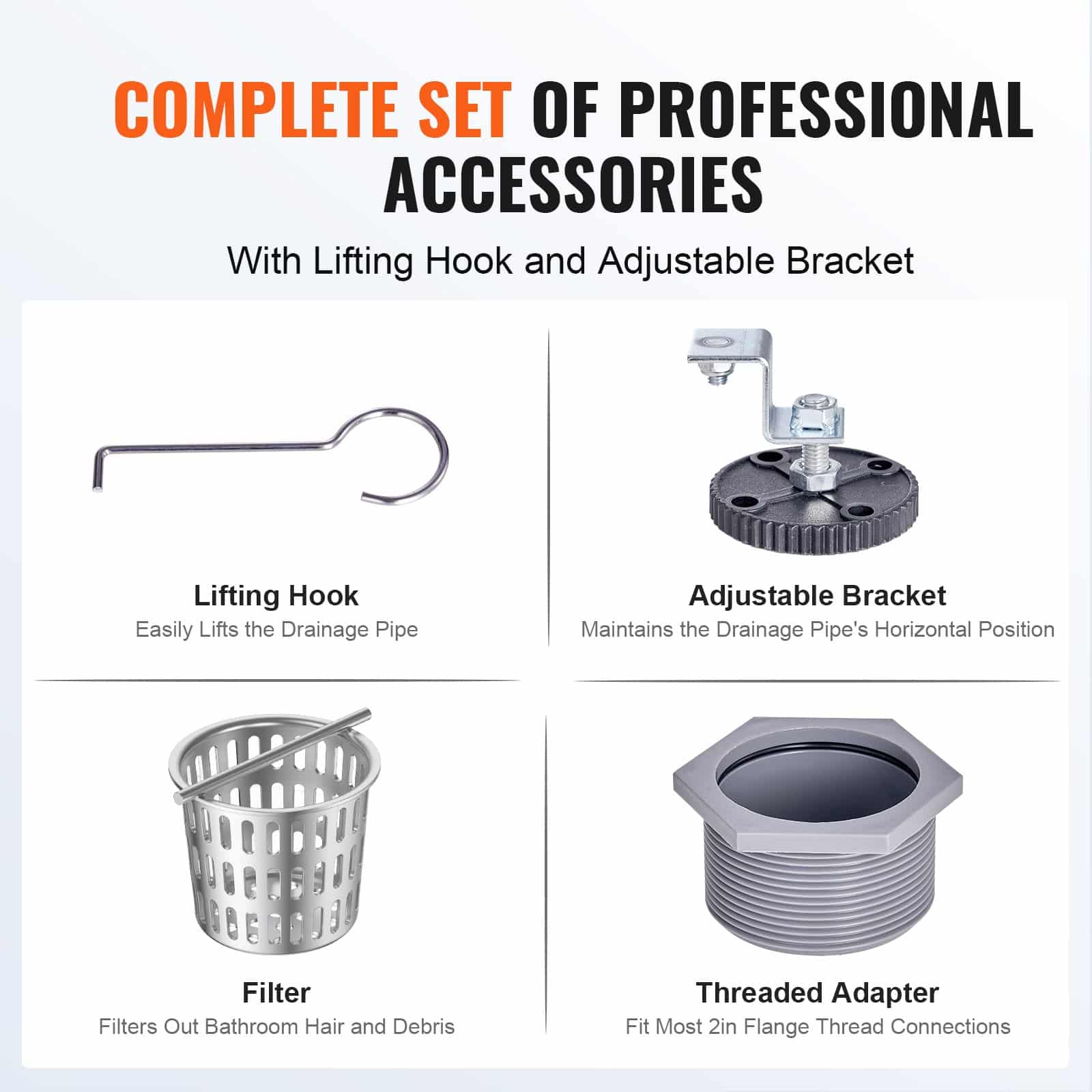 VEVOR 610mm Linear Shower Drain with Square Grate, Brushed 304 Stainless Steel, Hair Strainer & Leveling Feet, Silver - Зображення 6