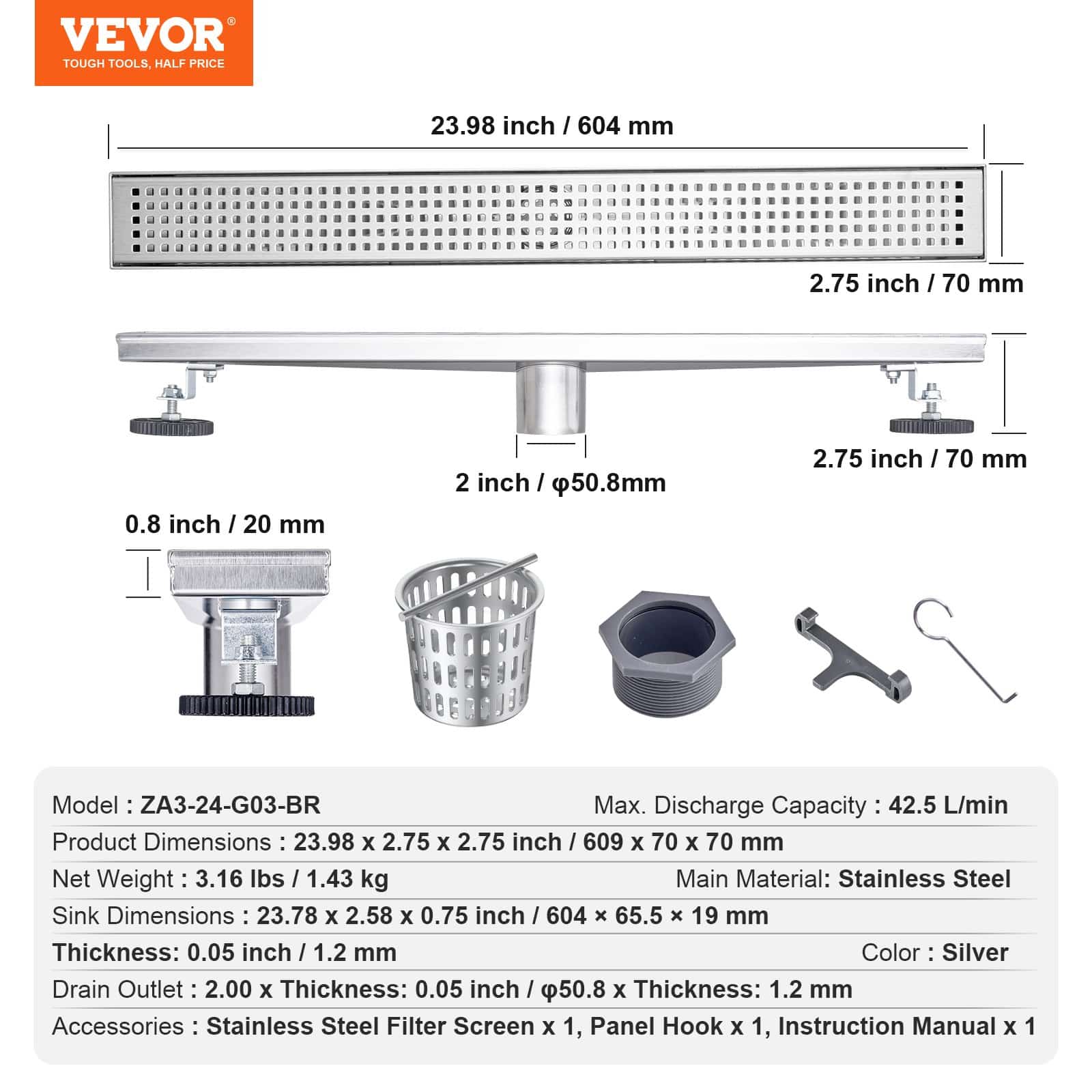 VEVOR 610mm Linear Shower Drain with Square Grate, Brushed 304 Stainless Steel, Hair Strainer & Leveling Feet, Silver - Зображення 7