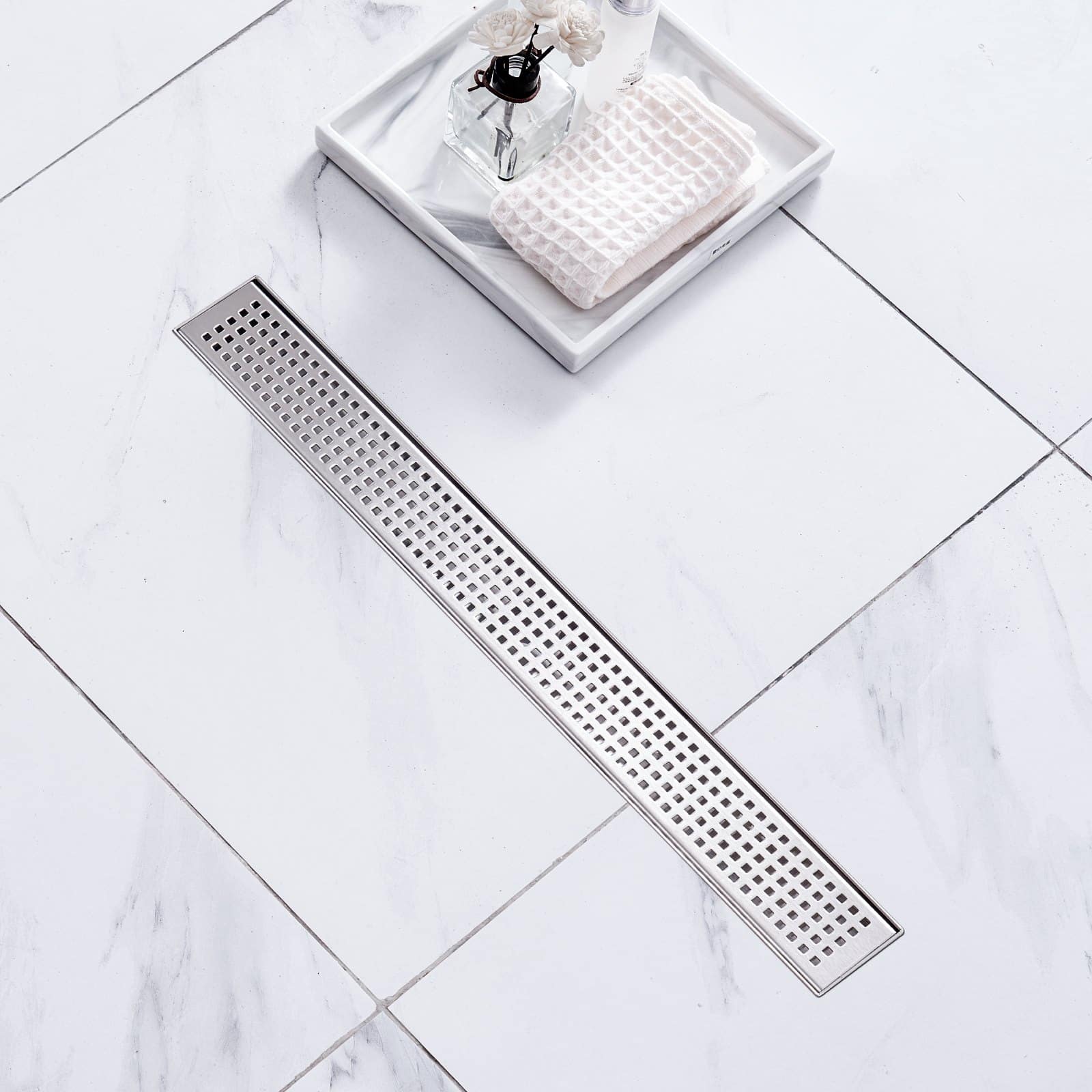 VEVOR 610mm Linear Shower Drain with Square Grate, Brushed 304 Stainless Steel, Hair Strainer & Leveling Feet, Silver - Зображення 8