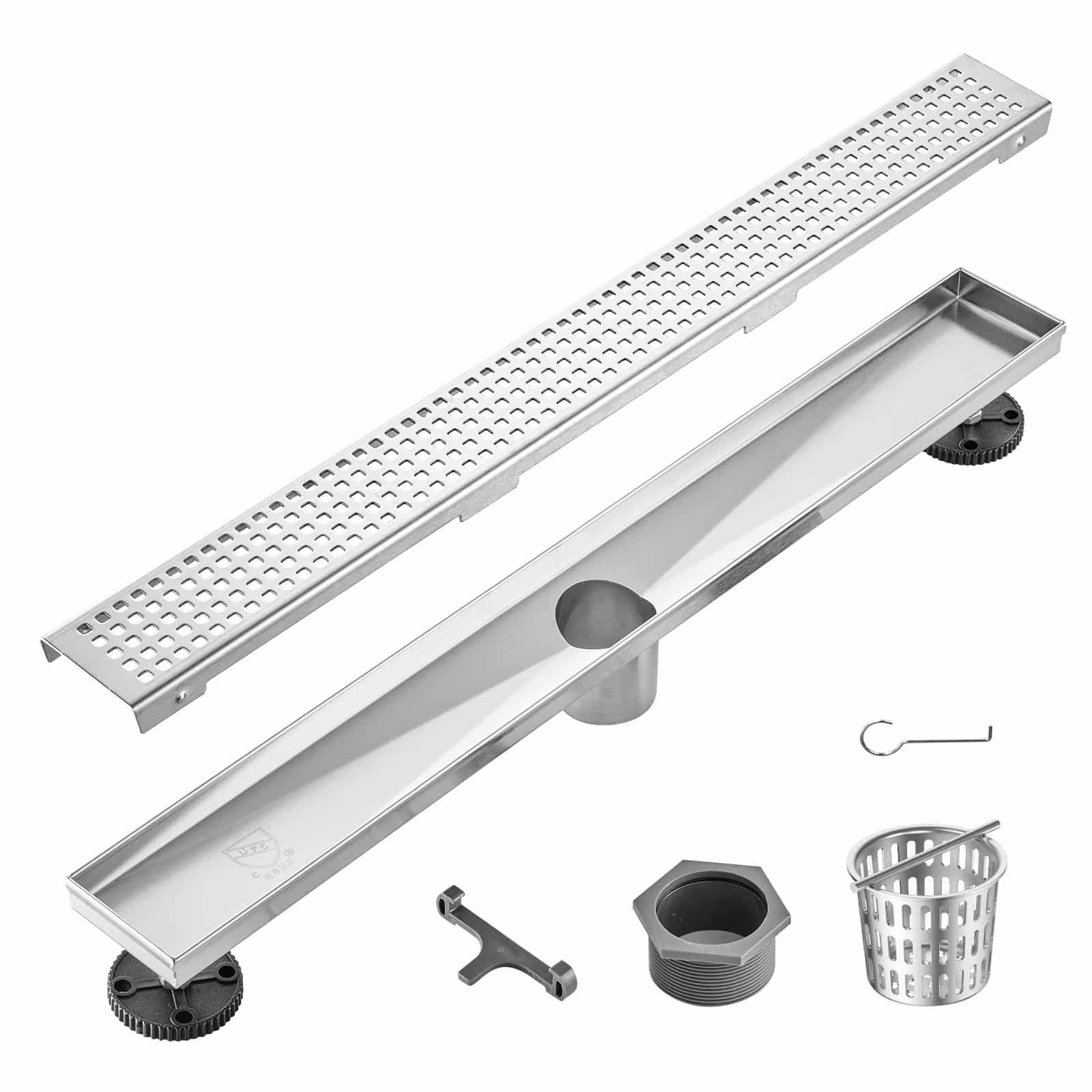 VEVOR 610mm Linear Shower Drain with Square Grate, Brushed 304 Stainless Steel, Hair Strainer & Leveling Feet, Silver