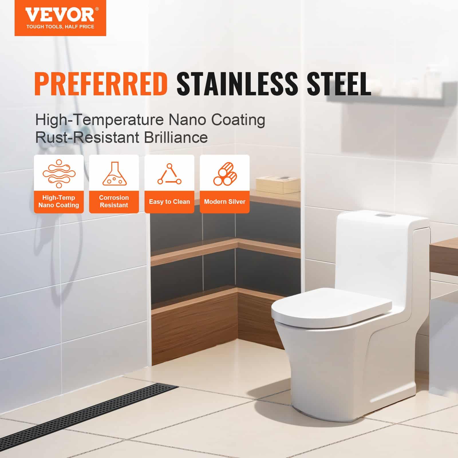 VEVOR 610mm Matte Black Linear Shower Drain, 304 Stainless Steel, Square Grate, Hair Strainer, High Flow, Anti-Clog - Зображення 2