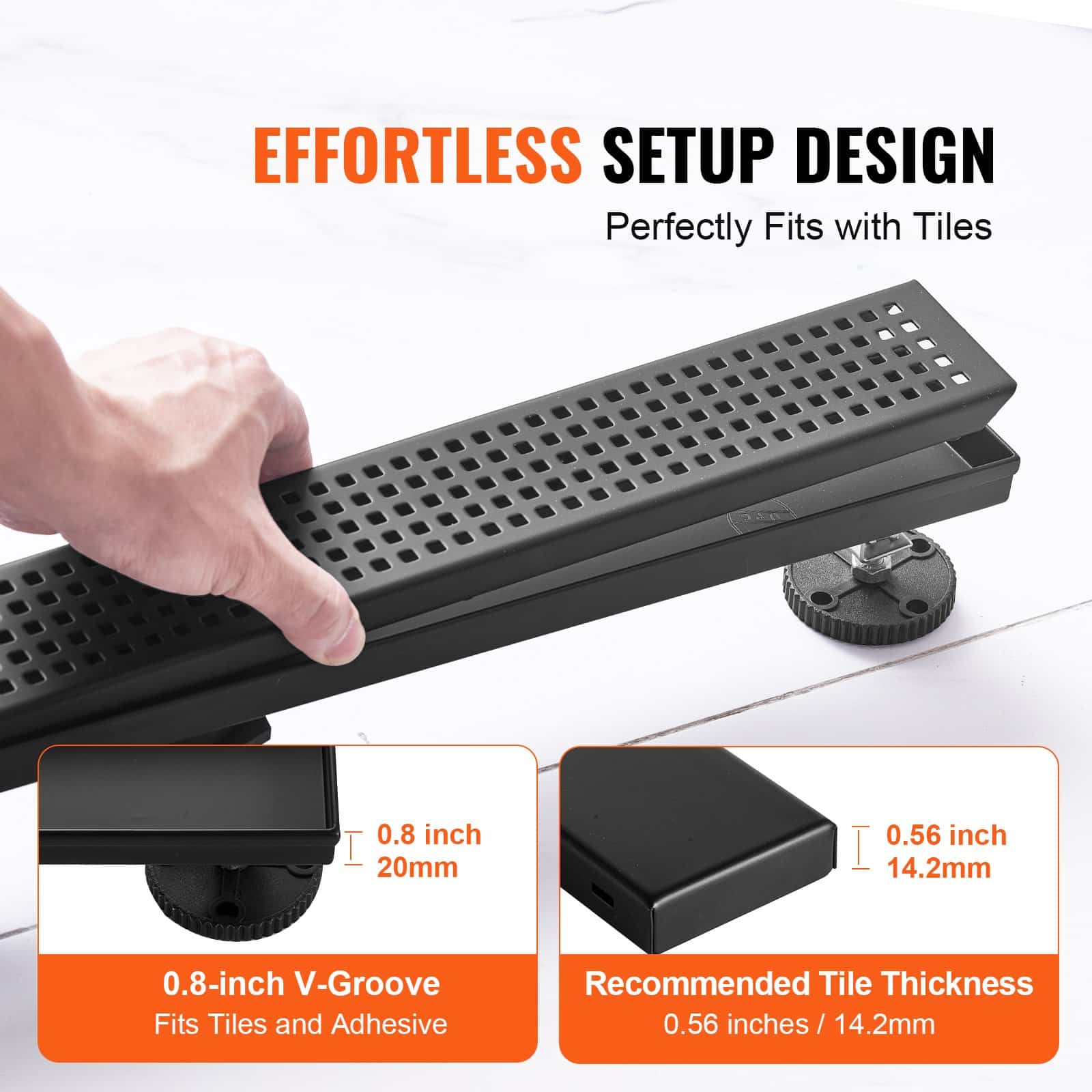 VEVOR 610mm Matte Black Linear Shower Drain, 304 Stainless Steel, Square Grate, Hair Strainer, High Flow, Anti-Clog - Зображення 5