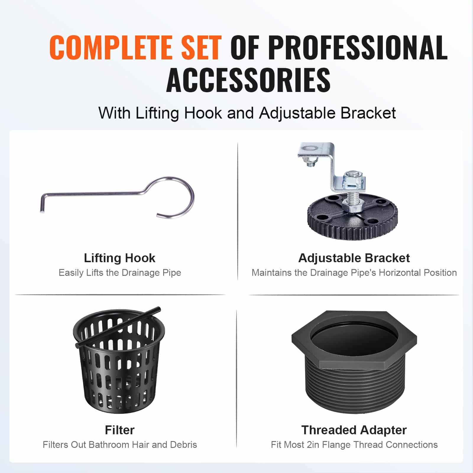 VEVOR 610mm Matte Black Linear Shower Drain, 304 Stainless Steel, Square Grate, Hair Strainer, High Flow, Anti-Clog - Зображення 6