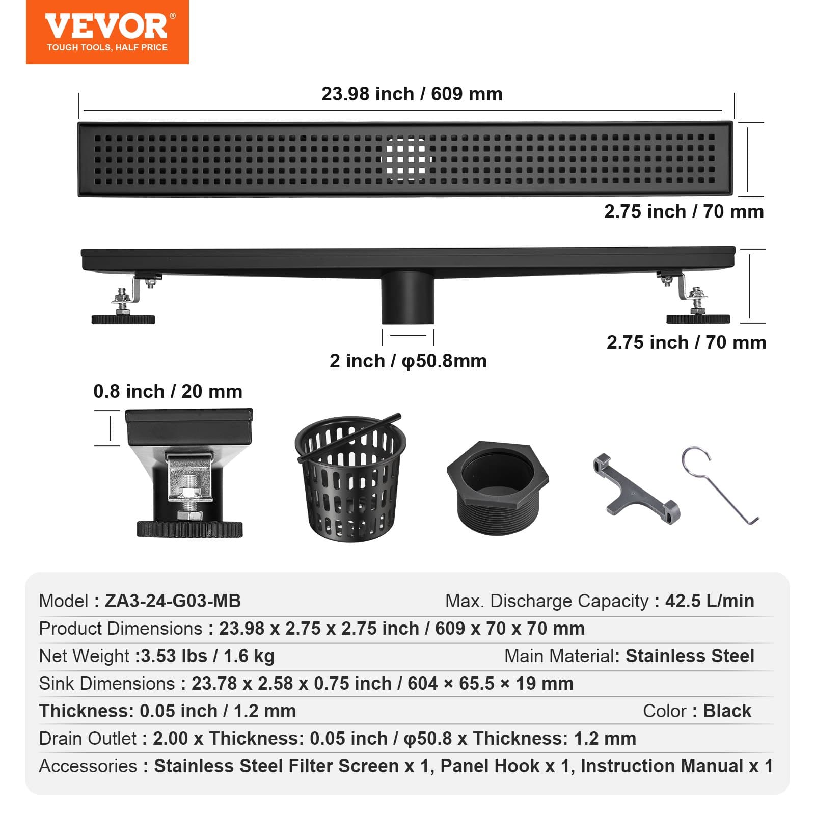 VEVOR 610mm Matte Black Linear Shower Drain, 304 Stainless Steel, Square Grate, Hair Strainer, High Flow, Anti-Clog - Зображення 7