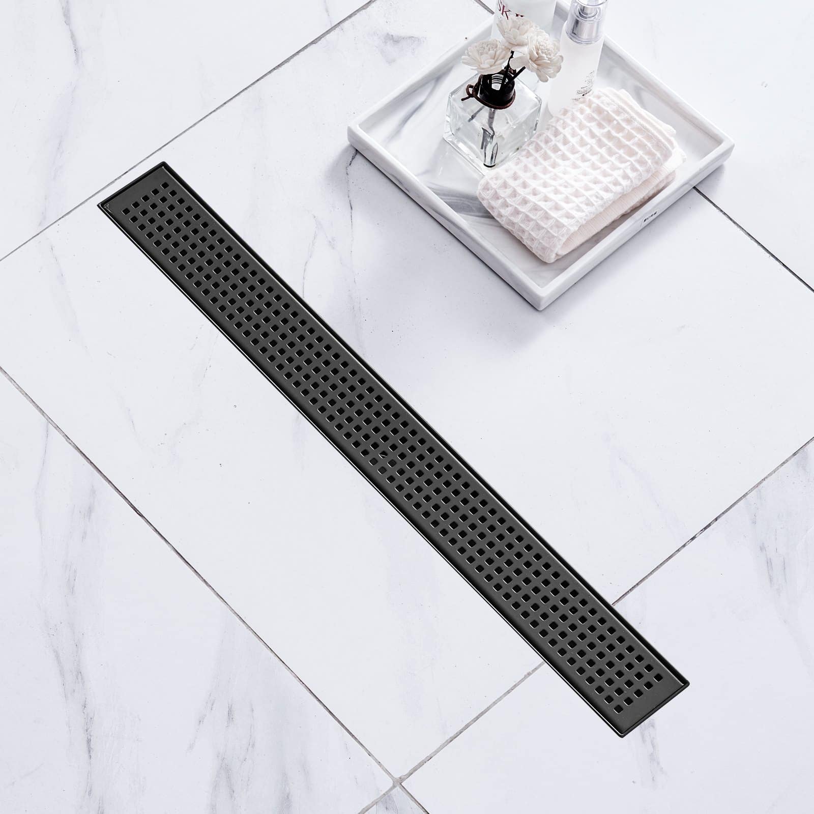 VEVOR 610mm Matte Black Linear Shower Drain, 304 Stainless Steel, Square Grate, Hair Strainer, High Flow, Anti-Clog - Зображення 8