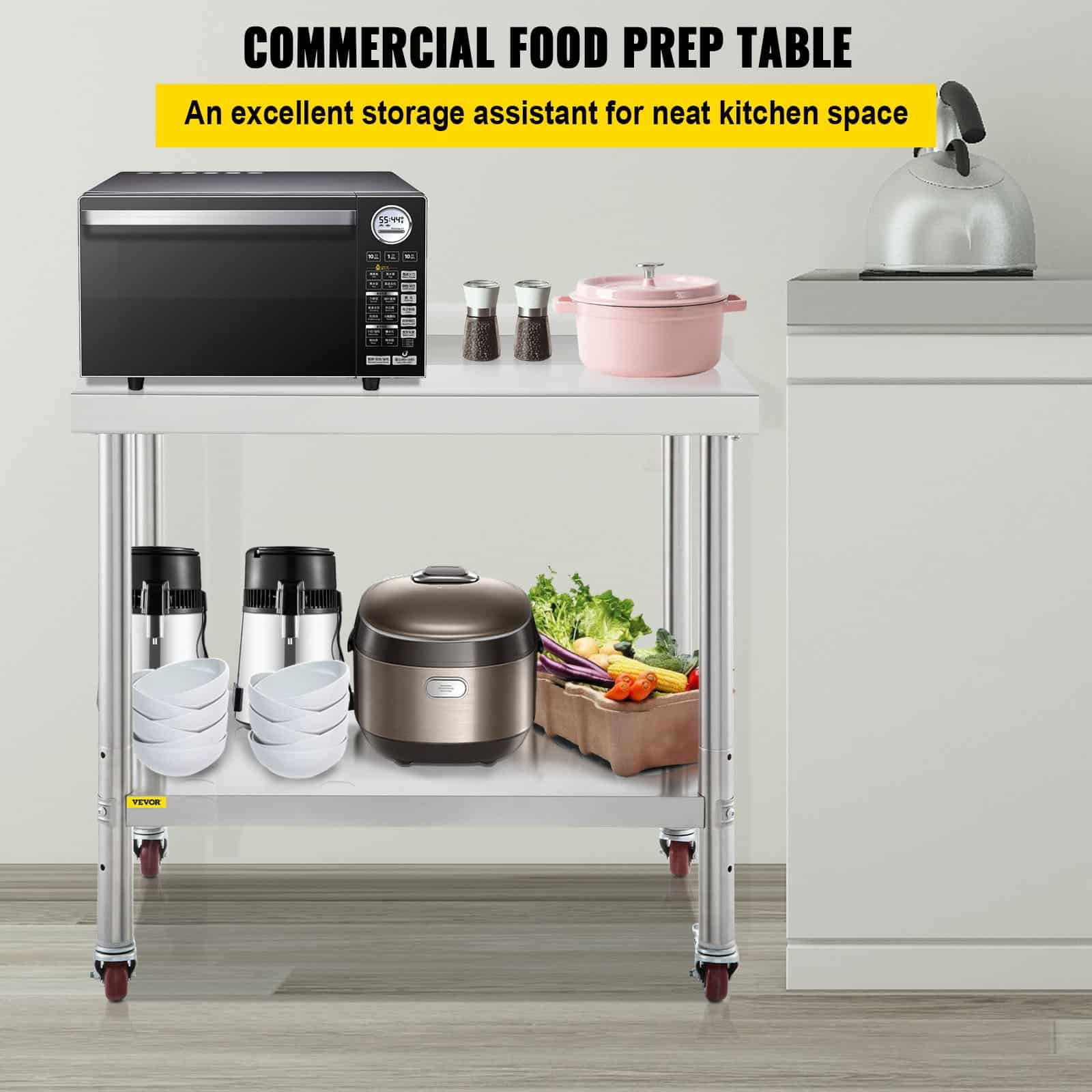 VEVOR Stainless Steel Prep Table 76x61x89cm, 200kg Load, Adjustable Shelf, Backsplash, Casters, Commercial Kitchen Worktable — attēls 2