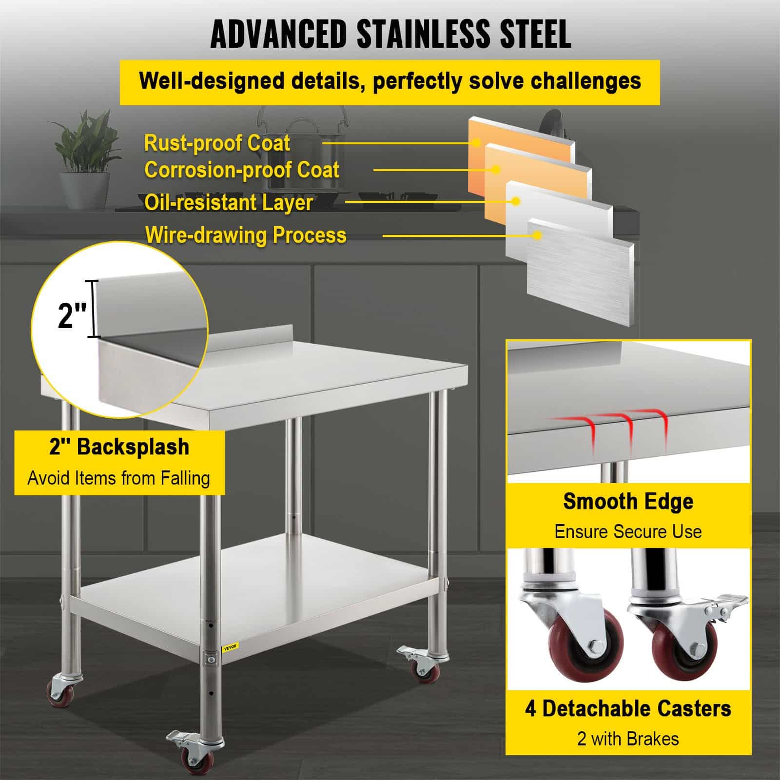 VEVOR Stainless Steel Prep Table 76x61x89cm, 200kg Load, Adjustable Shelf, Backsplash, Casters, Commercial Kitchen Worktable — attēls 5