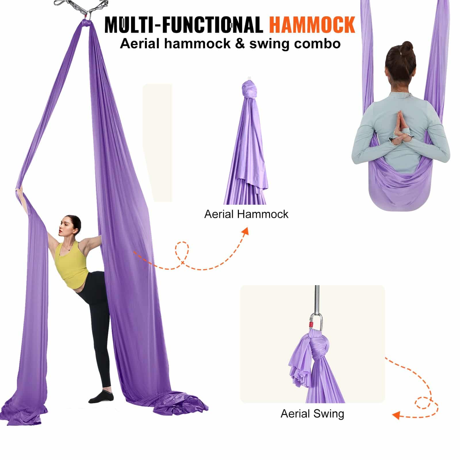 VEVOR Aerial Yoga Hammock & Swing Kit, 4.4m Nylon Fabric, 1000kg Capacity, Full Rigging, for All Levels, Purple - Pilt 5
