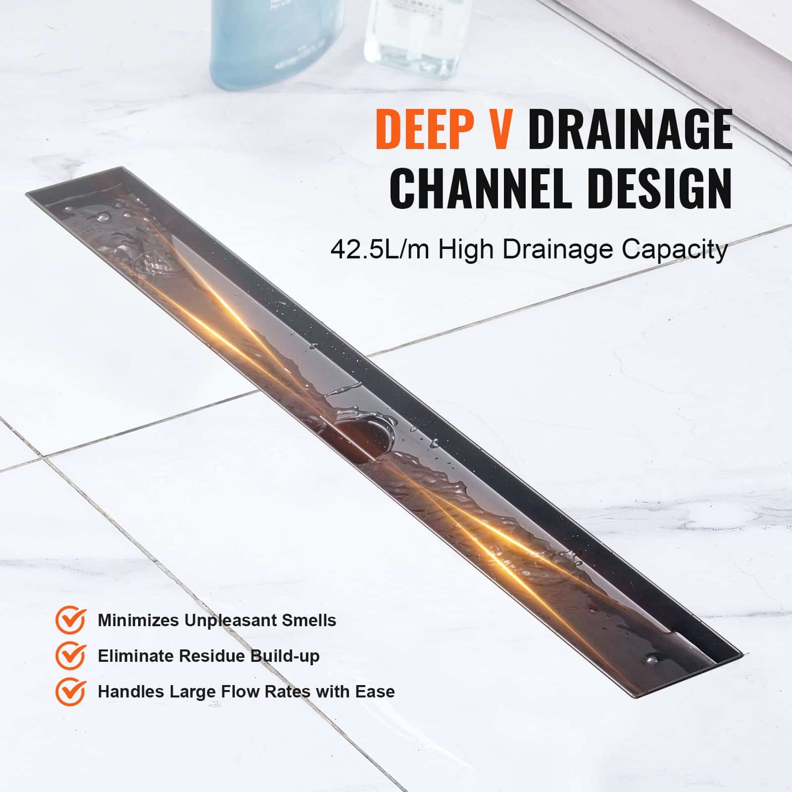 VEVOR 610mm Linear Shower Drain with Tile Insert, Black 304 Stainless Steel, V-Shaped Fast Drainage, Hair Filter - Зображення 3