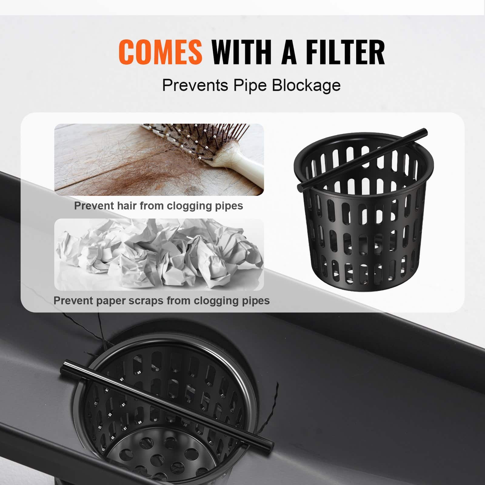 VEVOR 610mm Linear Shower Drain with Tile Insert, Black 304 Stainless Steel, V-Shaped Fast Drainage, Hair Filter - Зображення 4