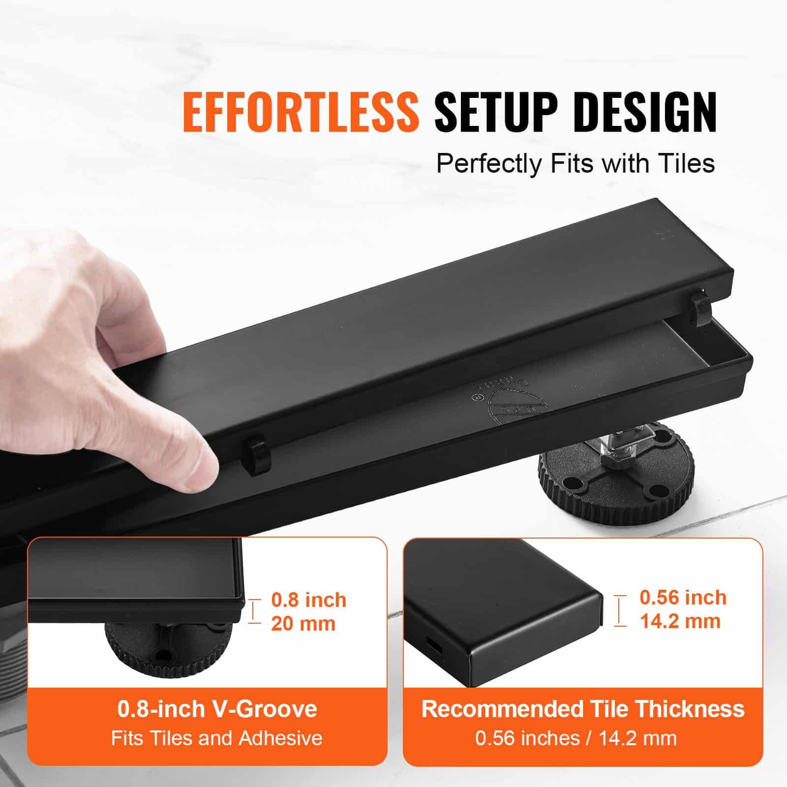 VEVOR 610mm Linear Shower Drain with Tile Insert, Black 304 Stainless Steel, V-Shaped Fast Drainage, Hair Filter - Зображення 5