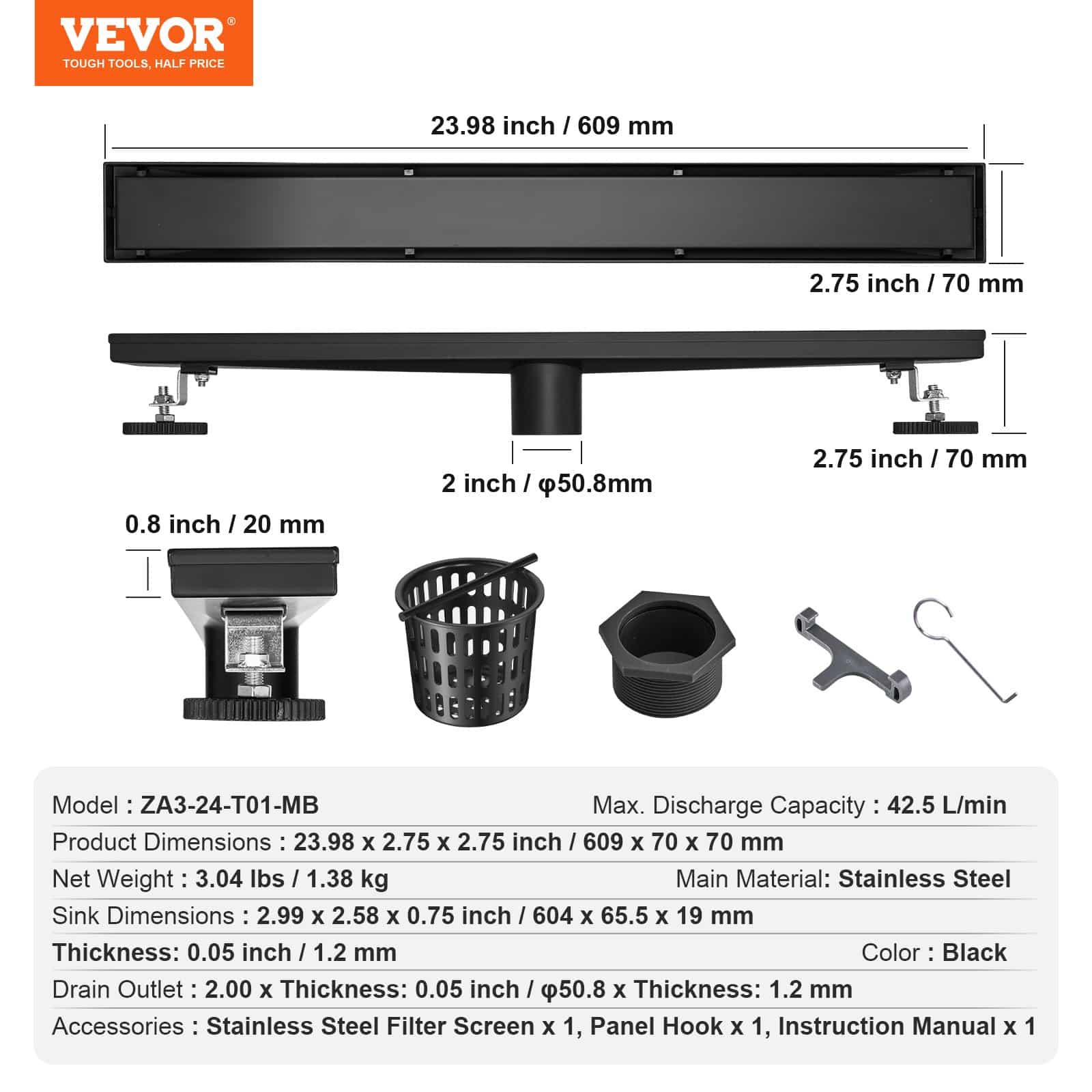 VEVOR 610mm Linear Shower Drain with Tile Insert, Black 304 Stainless Steel, V-Shaped Fast Drainage, Hair Filter - Зображення 7
