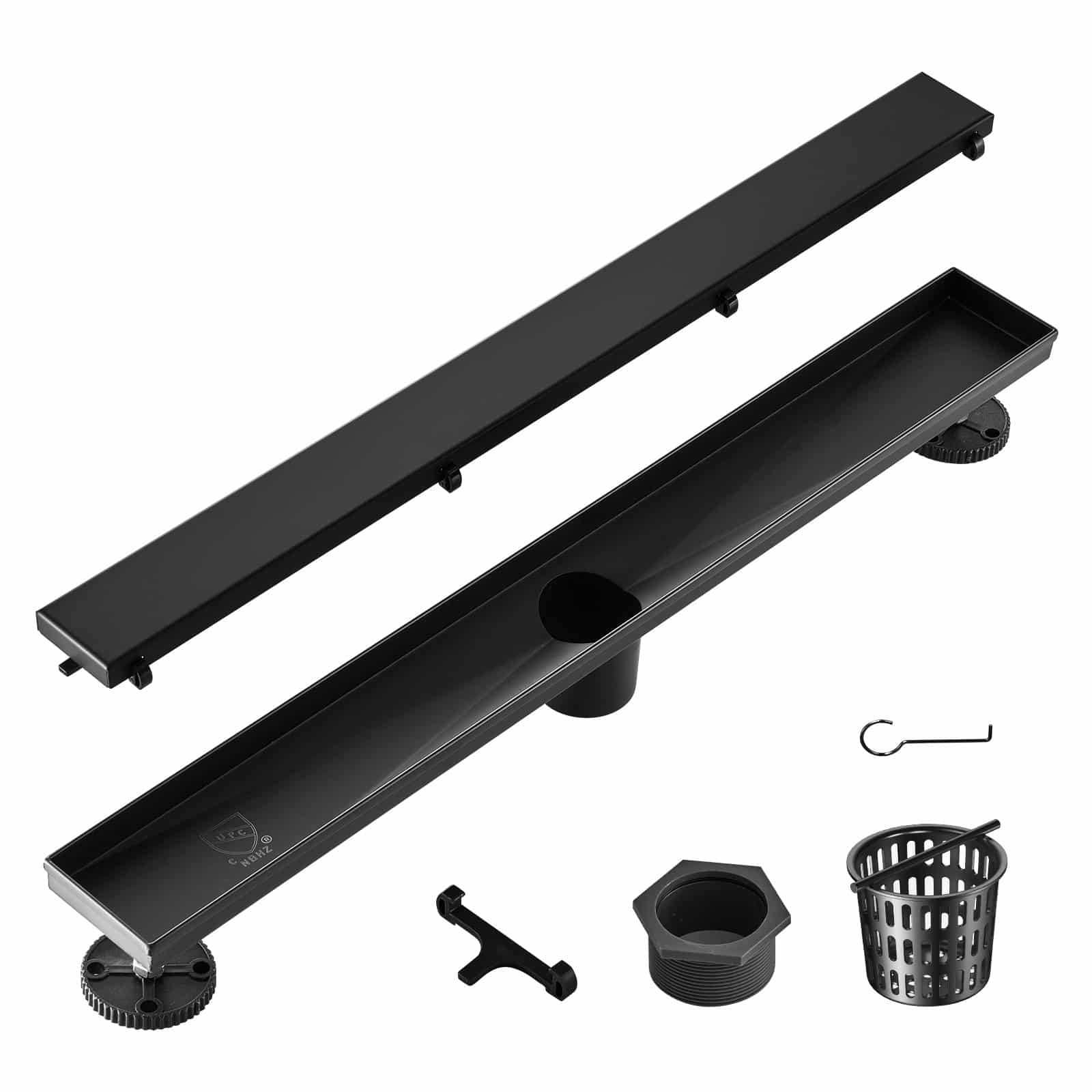 VEVOR 610мм лінійний душовий трап з вставкою під плитку, чорна нержавіюча сталь 304, V-подібний злив, фільтр для волосся