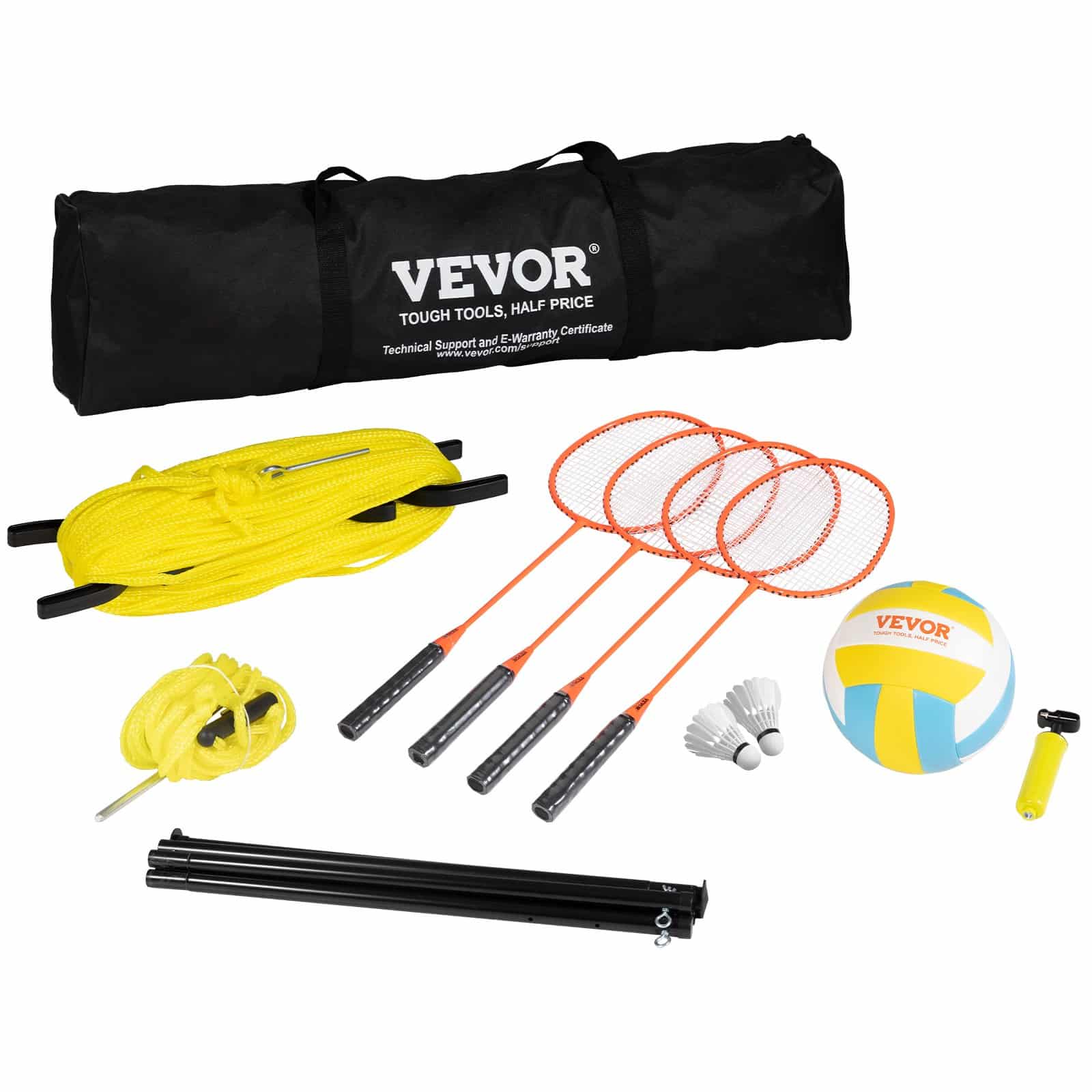 VEVOR Outdoor Volleyball & Badminton Set, 3x9.75m Net, Adjustable Steel Poles, PVC Volleyball, Rackets, Pump, Bag - Pilt 12