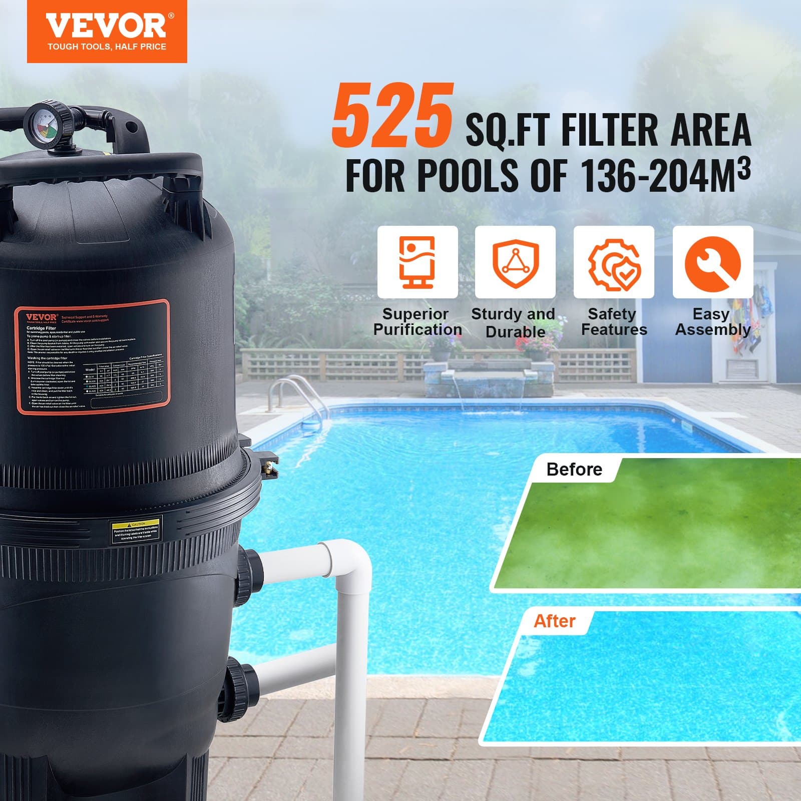 VEVOR Cartridge Pool Filter System, 49 m² Area, Leak-Proof, 50-Micron Core, for Inground & Above Ground Pools, Spas, Hot Tubs — изображение 2