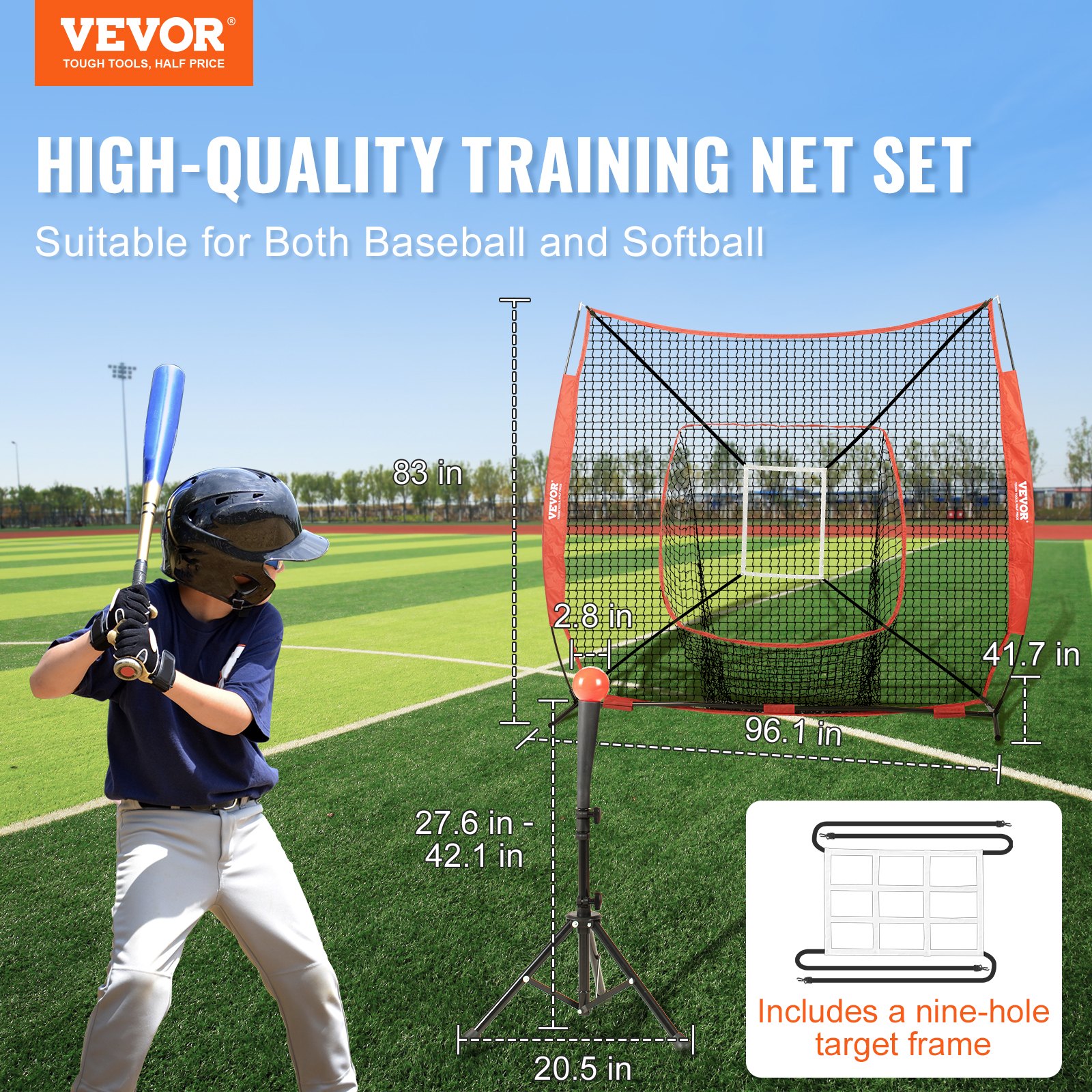 VEVOR 213x213 cm Baseball Softball Practice Net Set with Tee, 2.8 in Ball, Strike Zone, Bow Frame & Carry Bag – Paveikslėlis 2