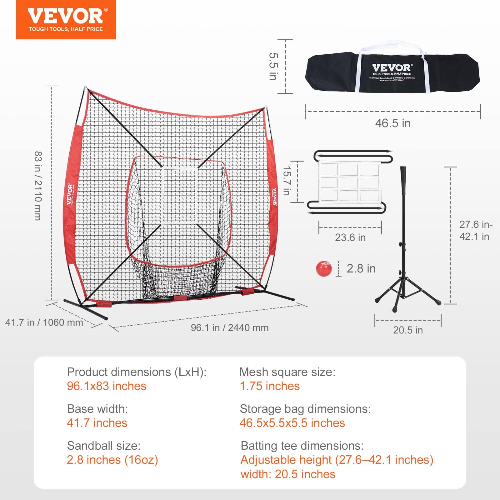 VEVOR 213x213 cm Baseball Softball Practice Net Set with Tee, 2.8 in Ball, Strike Zone, Bow Frame & Carry Bag – Paveikslėlis 7
