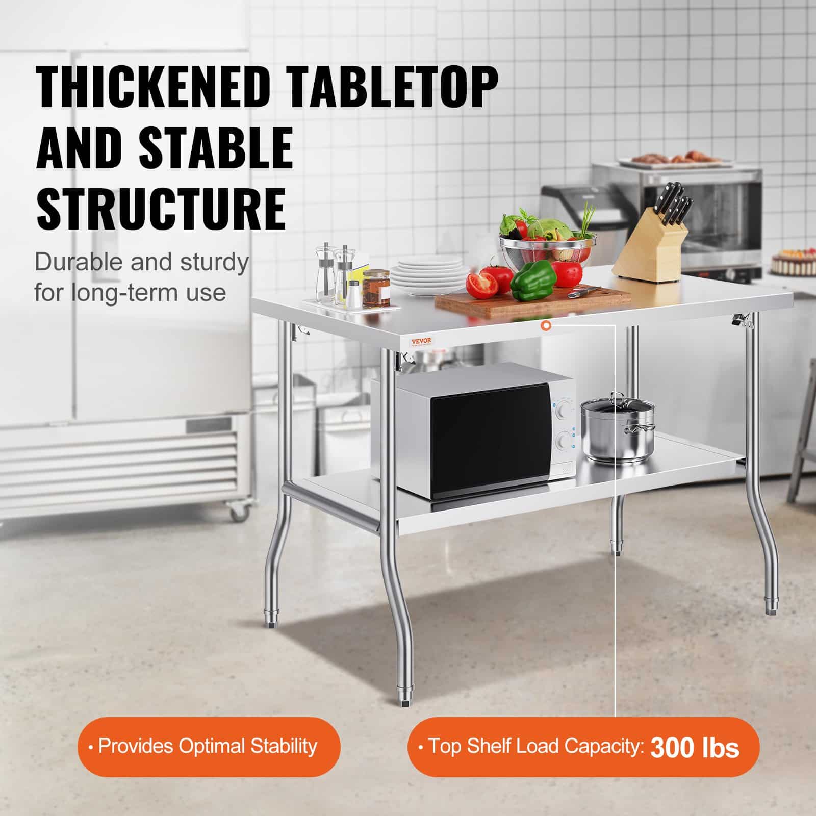 VEVOR Folding Stainless Steel Prep Table 122x76 cm with Undershelf, Heavy-Duty Workstation for Kitchen, Restaurant, Garage — изображение 3