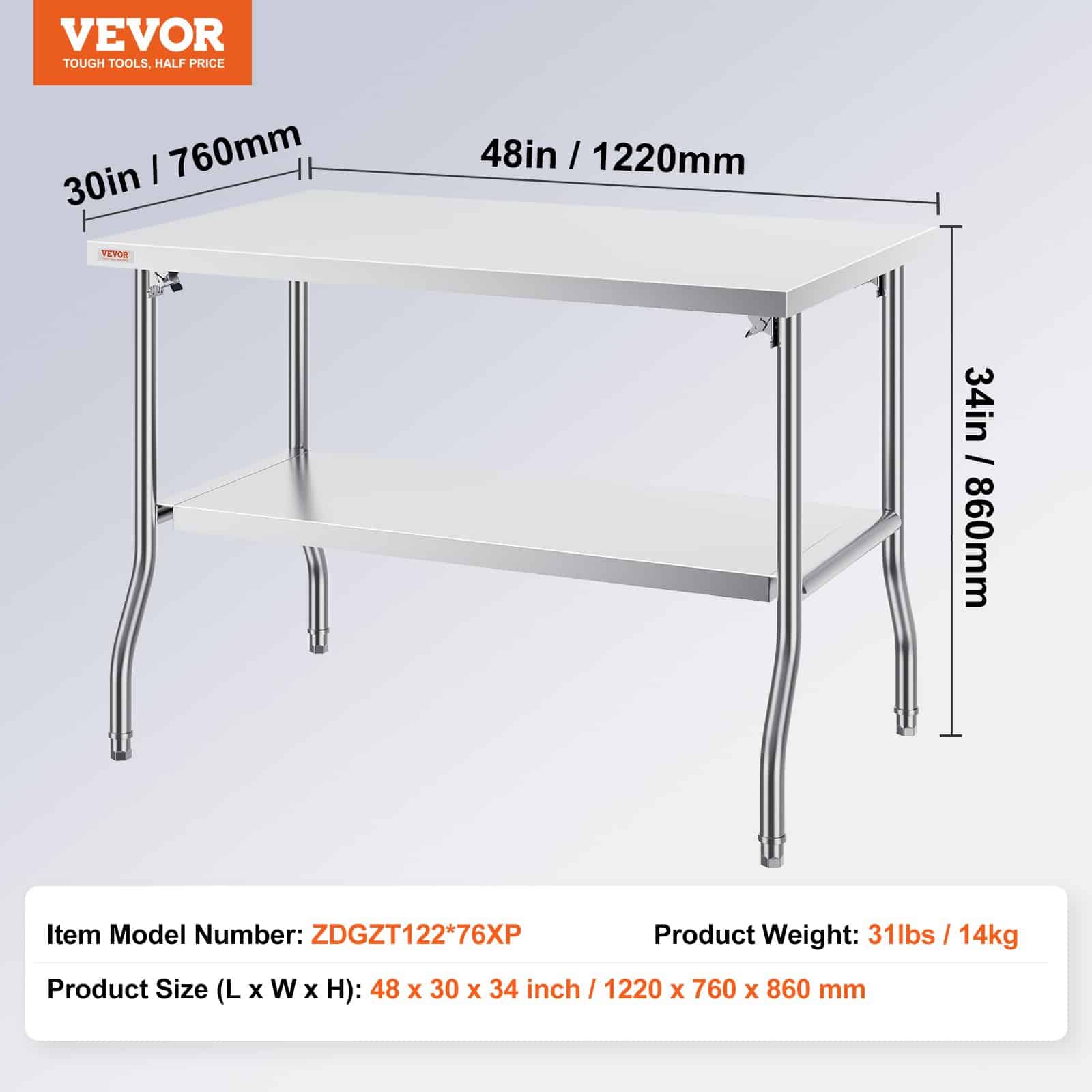 VEVOR Folding Stainless Steel Prep Table 122x76 cm with Undershelf, Heavy-Duty Workstation for Kitchen, Restaurant, Garage — изображение 7