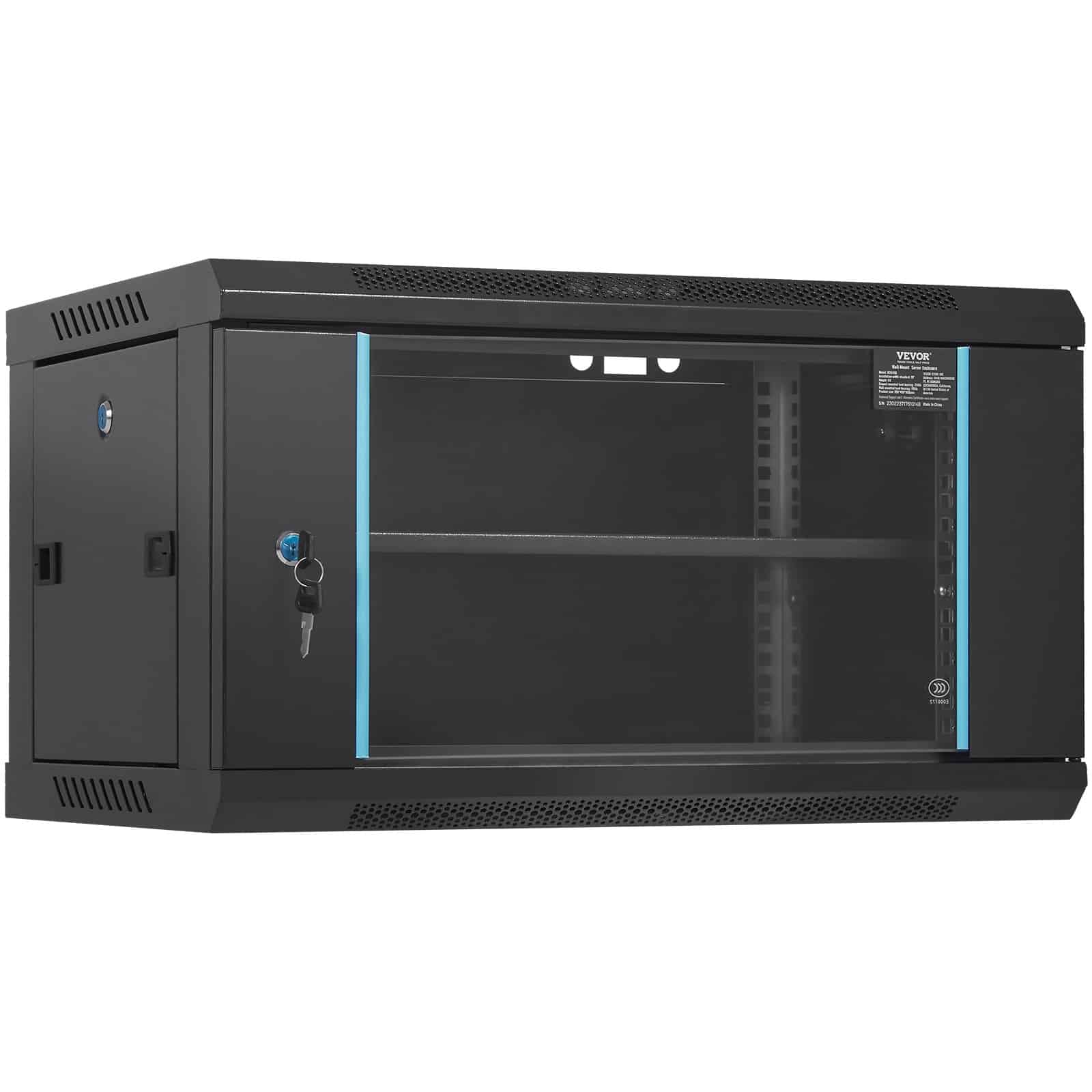 VEVOR 6U Wall Mount Server Rack Cabinet, 39.4 cm Deep, Locking Glass Door, 90.7 kg Load, for IT & A/V Equipment