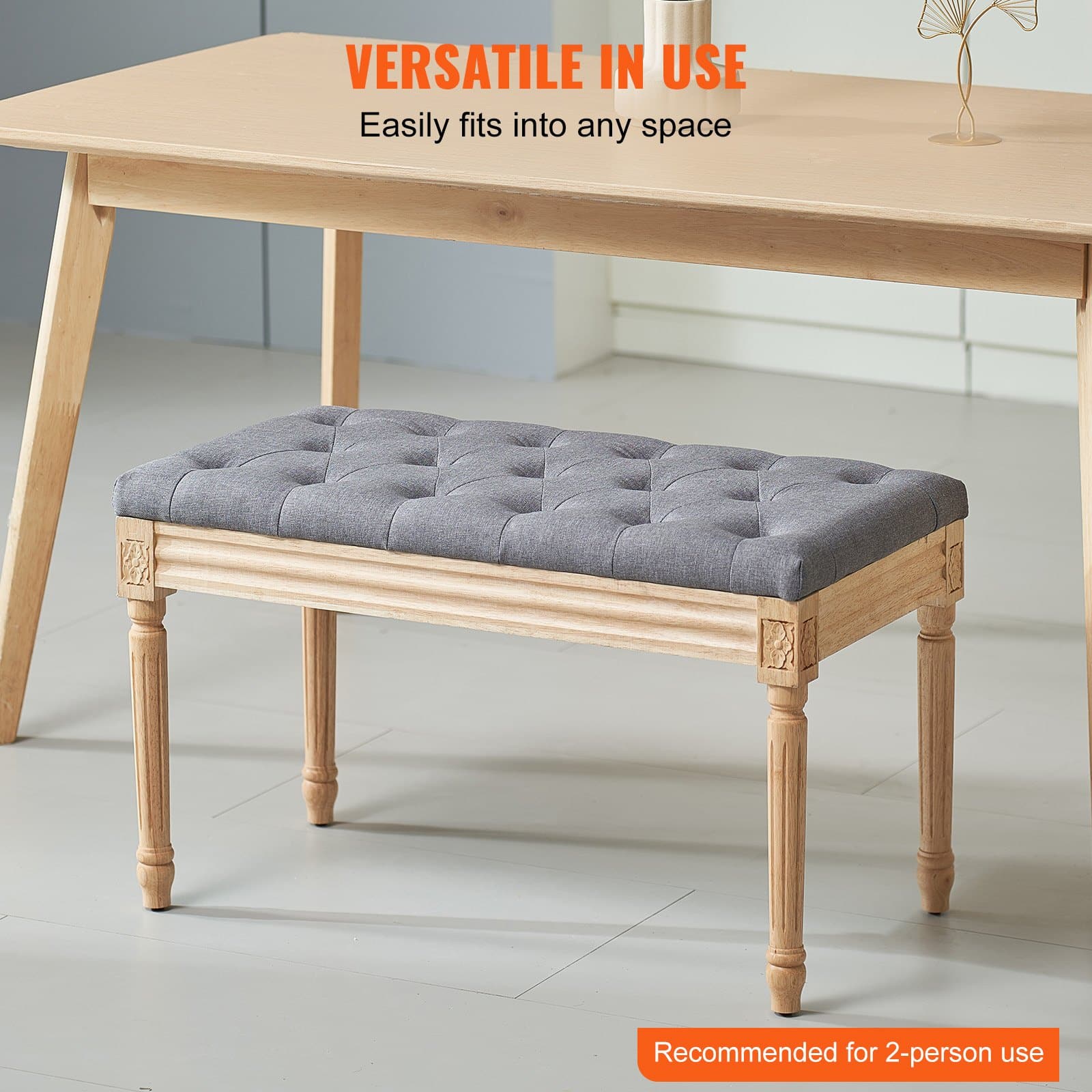 VEVOR Gray Upholstered Bench 80x40cm with Foam Cushion & Rubberwood Legs, Tufted Ottoman for Bedroom, Hallway, Living Room - Image 2