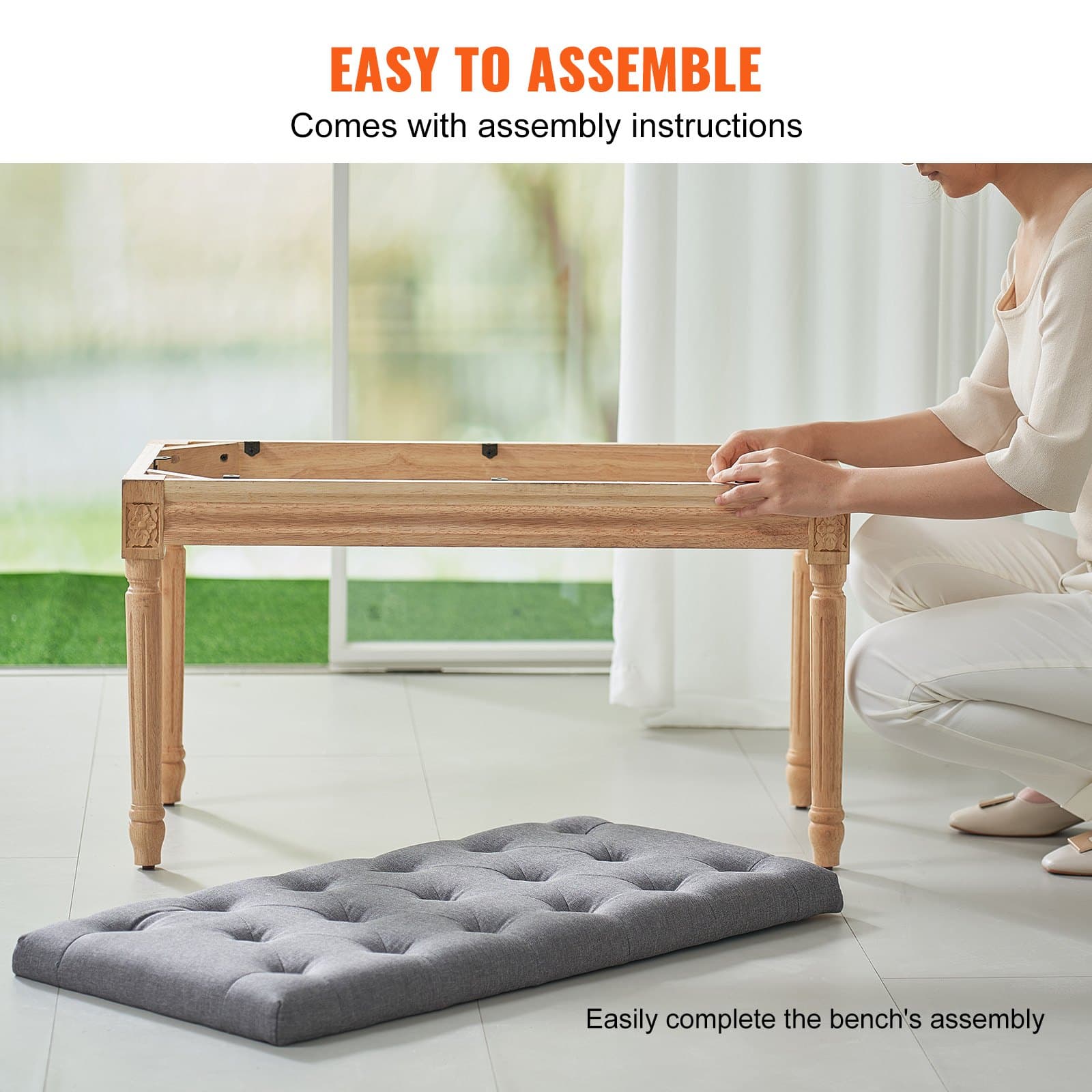 VEVOR Gray Upholstered Bench 80x40cm with Foam Cushion & Rubberwood Legs, Tufted Ottoman for Bedroom, Hallway, Living Room - Image 4