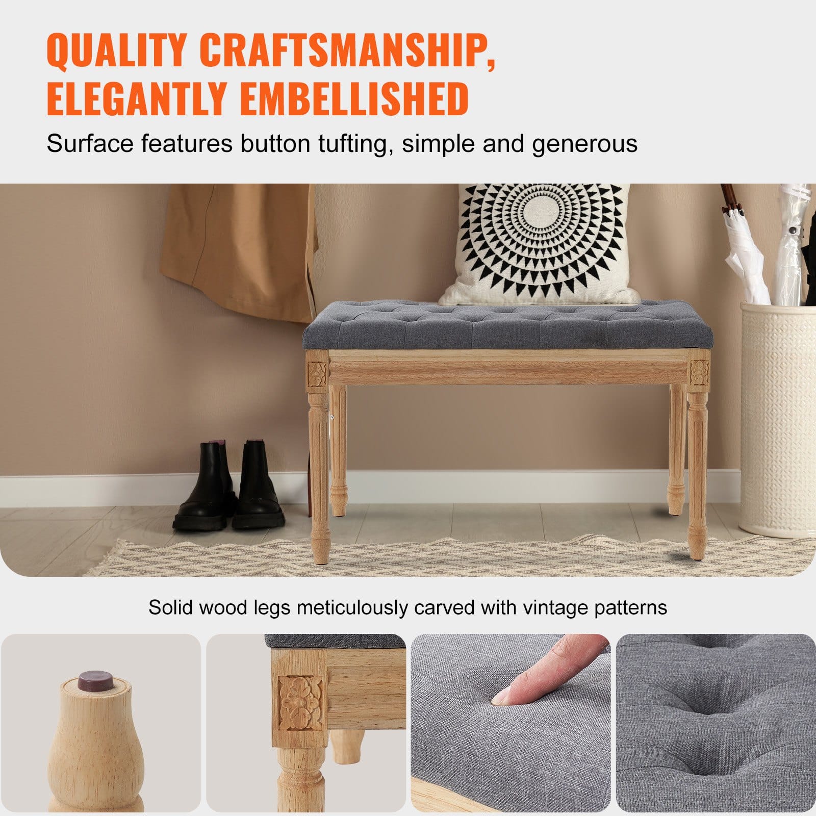 VEVOR Gray Upholstered Bench 80x40cm with Foam Cushion & Rubberwood Legs, Tufted Ottoman for Bedroom, Hallway, Living Room - Image 5