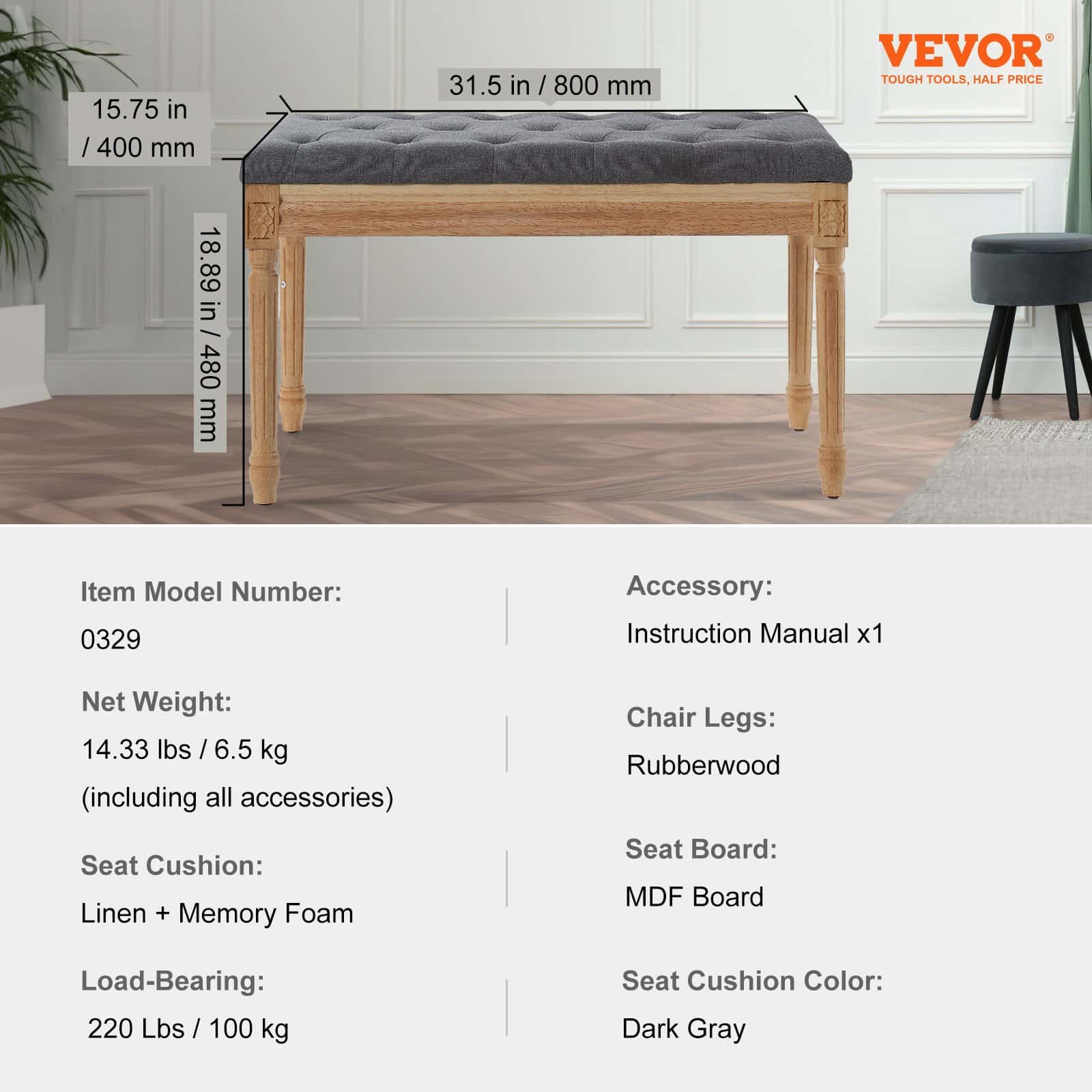 VEVOR Gray Upholstered Bench 80x40cm with Foam Cushion & Rubberwood Legs, Tufted Ottoman for Bedroom, Hallway, Living Room - Image 7