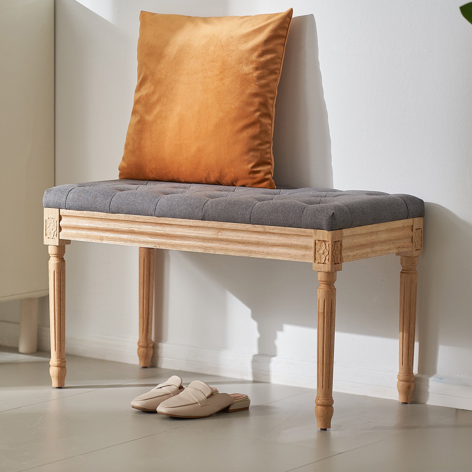 VEVOR Gray Upholstered Bench 80x40cm with Foam Cushion & Rubberwood Legs, Tufted Ottoman for Bedroom, Hallway, Living Room - Image 8