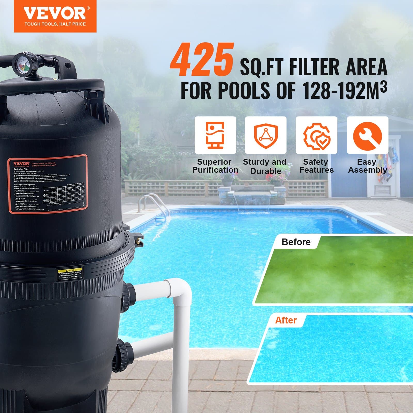 VEVOR Cartridge Pool Filter 40m², Leak-Proof Filter System for Above/Inground Pools, Hot Tubs, Spas, with Upgraded Core — изображение 2
