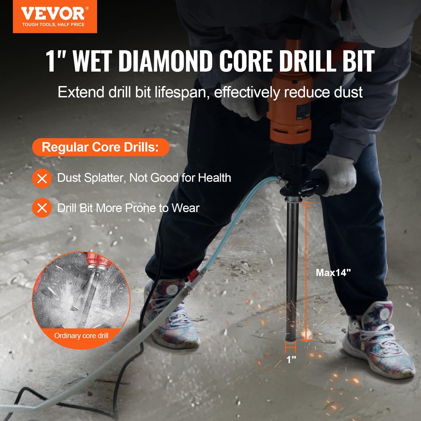 VEVOR 25 mm Diamond Wet Core Drill Bit, 355 mm Depth, 5/8"-11 Thread, Laser Welded for Concrete, Brick, Block Drilling - Зображення 2